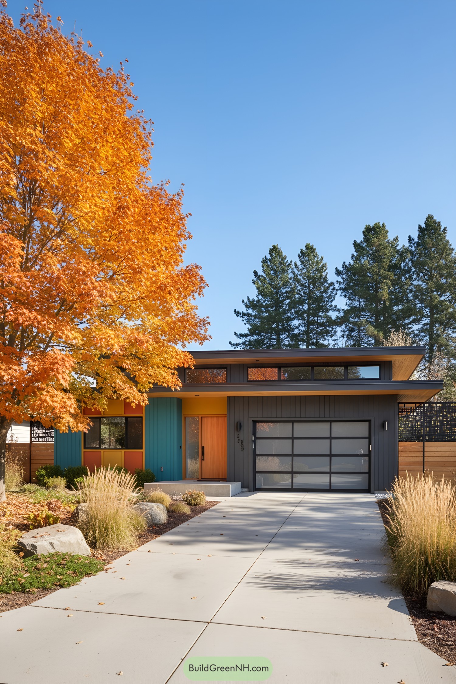 Colorful mid-century modern house with autumn tree