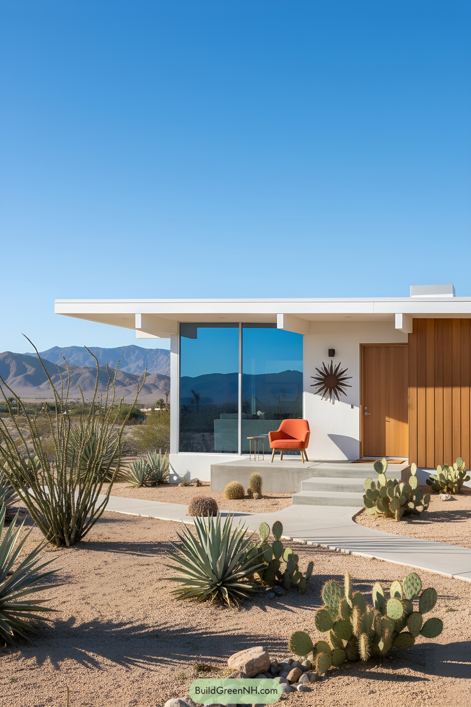 Mid-century home with desert landscape and bright orange chair