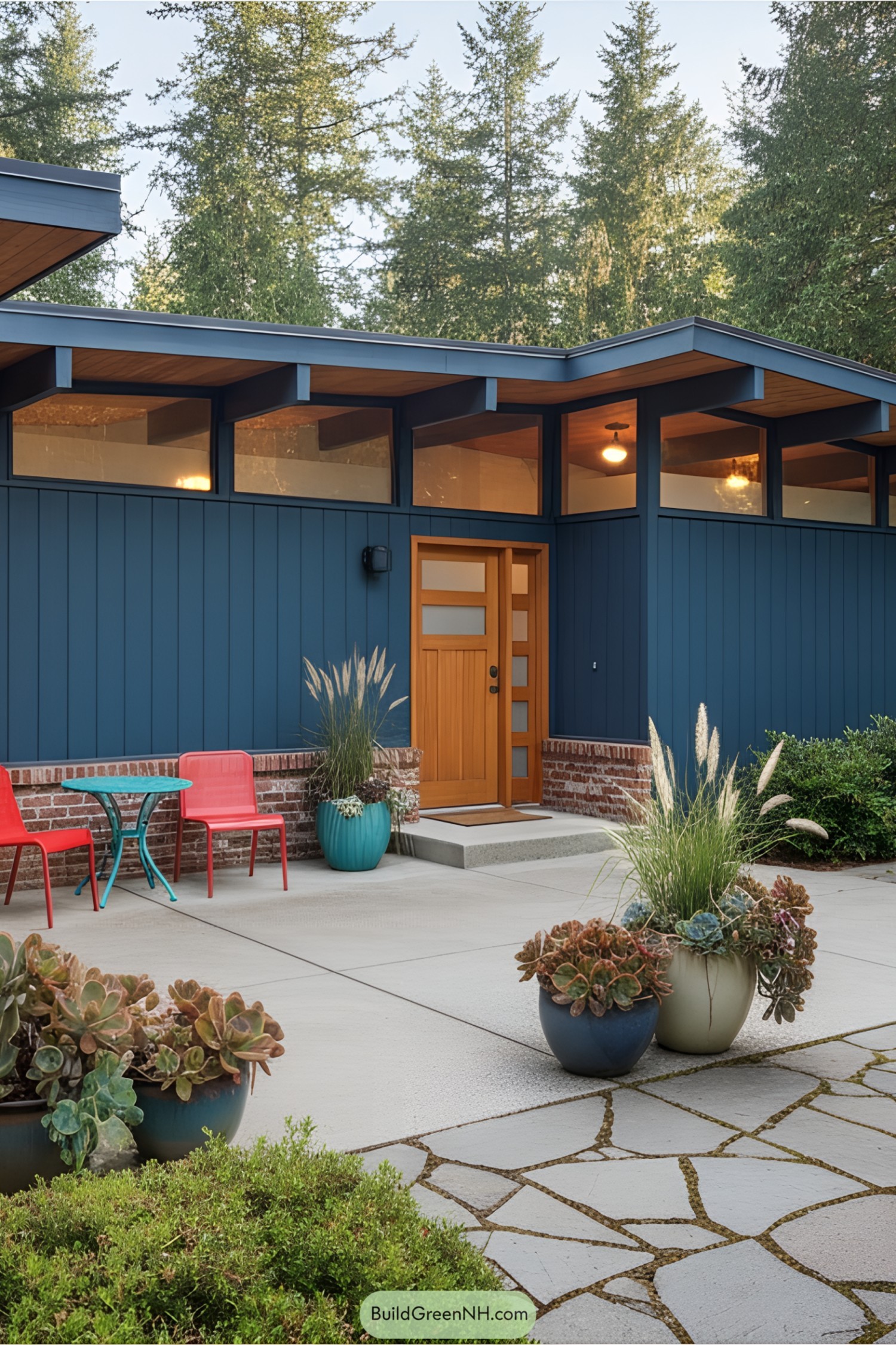 Bright blue mid-century modern house with vibrant accents