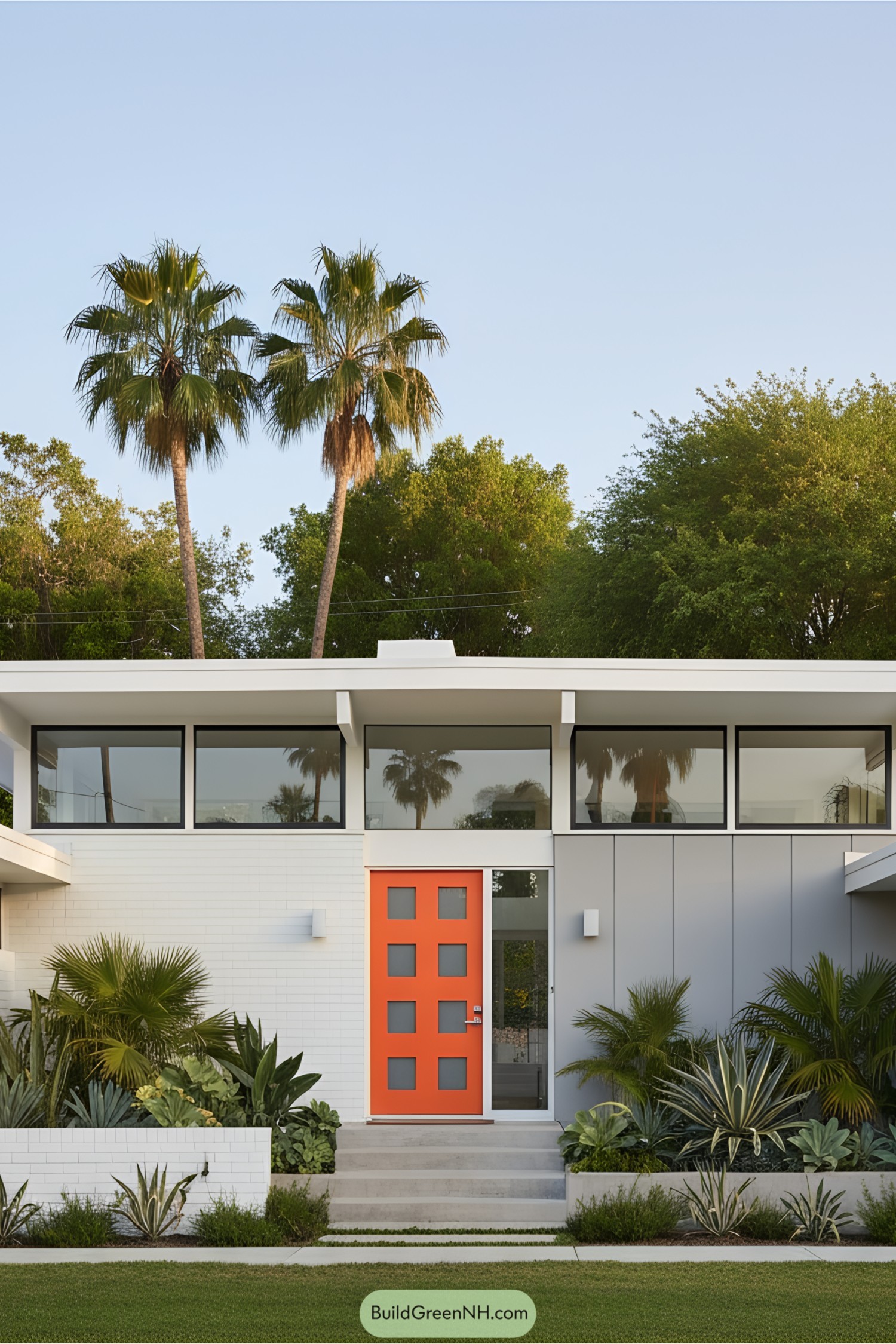 Colorful mid-century modern home with palm trees