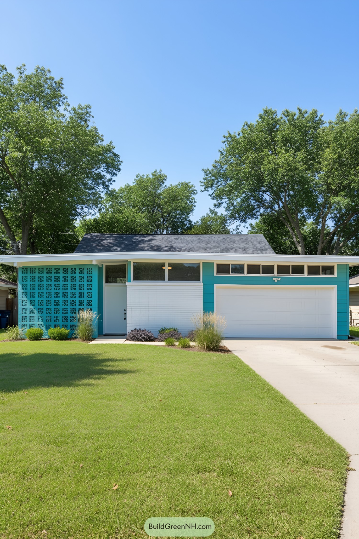 Retro house with vibrant blue facade and lush green lawn