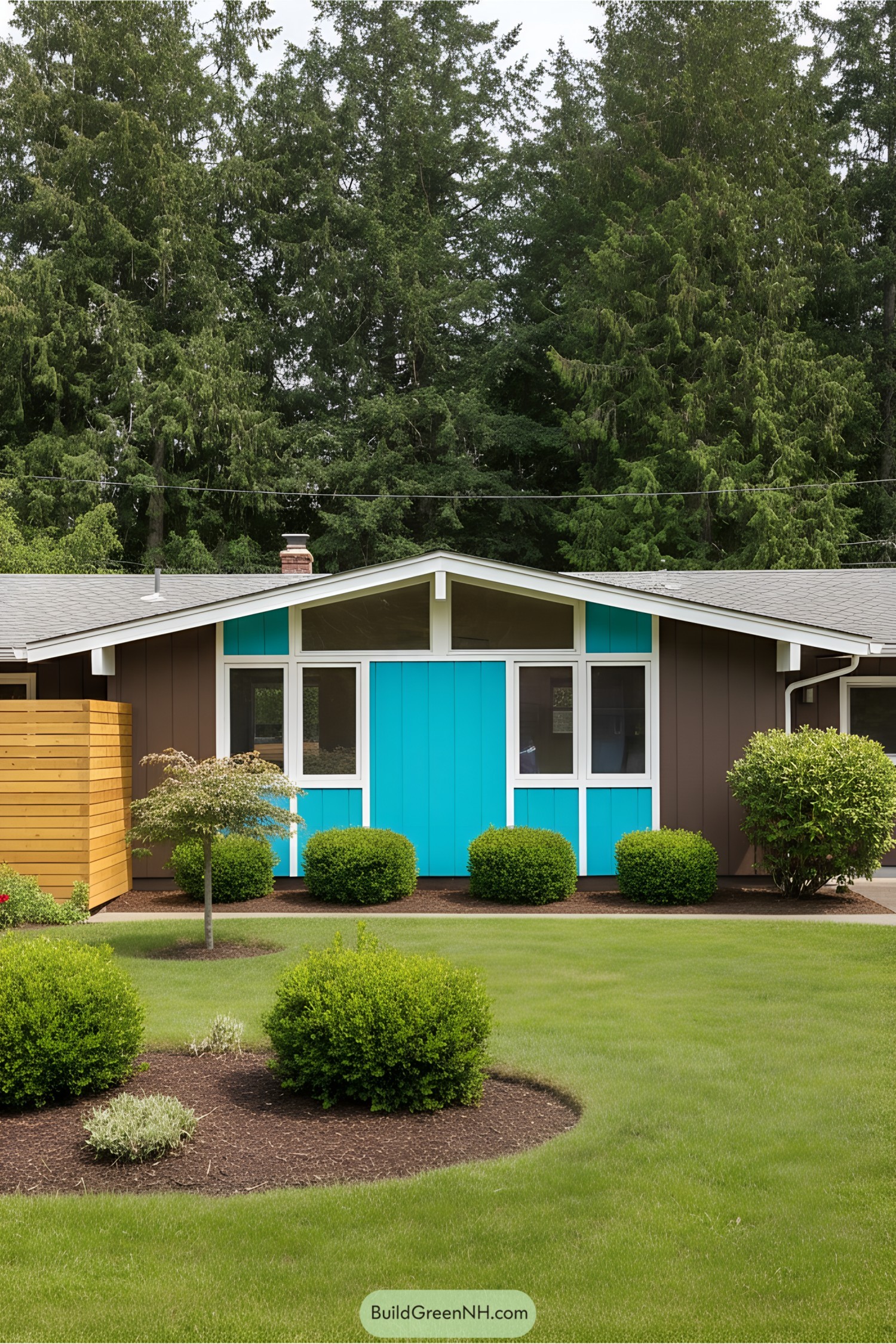 Mid-century modern house with vibrant colors and lush greenery