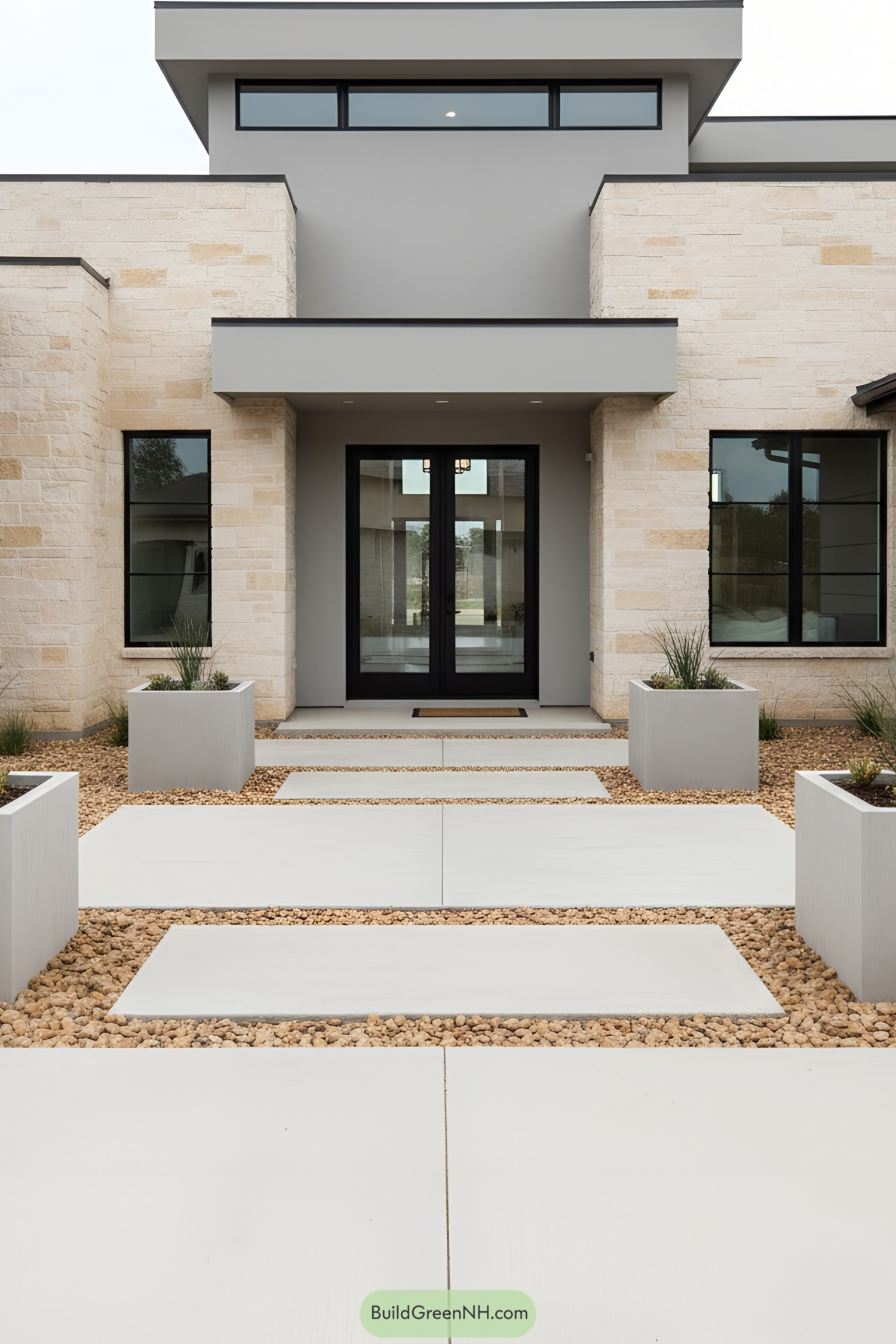 Modern house with stone and glass facade, flat roof, and pathway