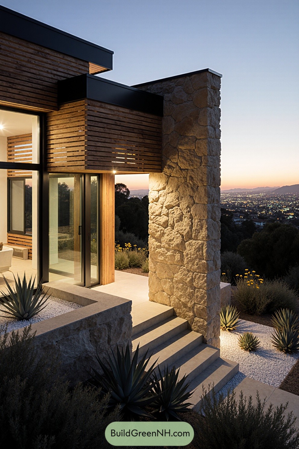Modern house with timber slats and stone features