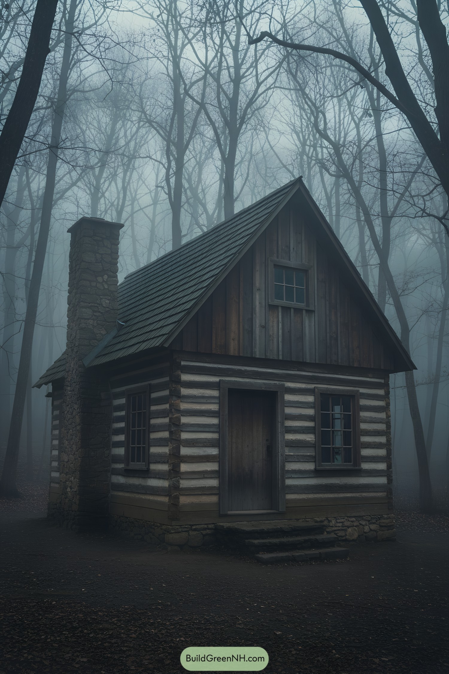 Rustic cabin surrounded by a misty forest