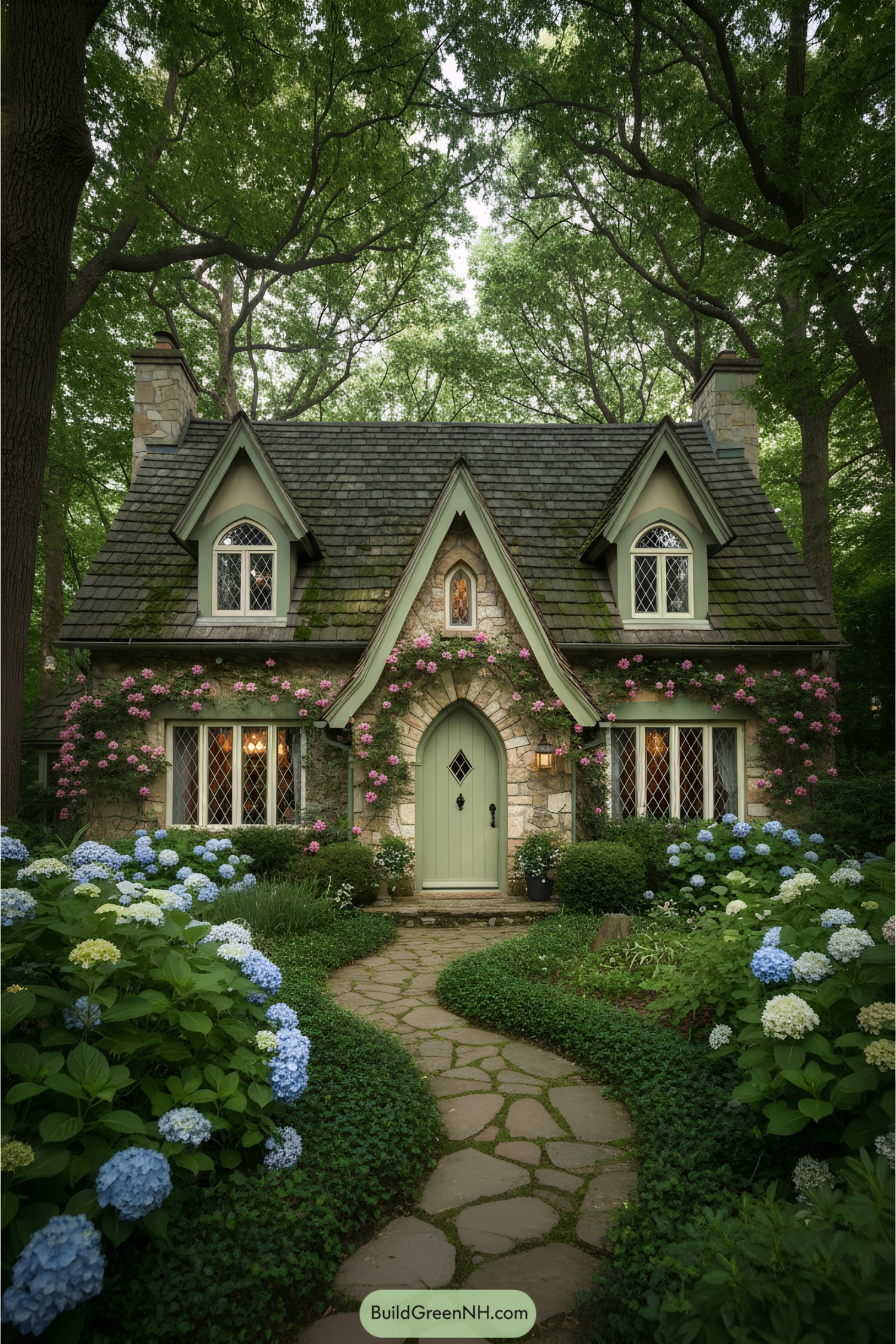Charming stone cottage with flowers and green door