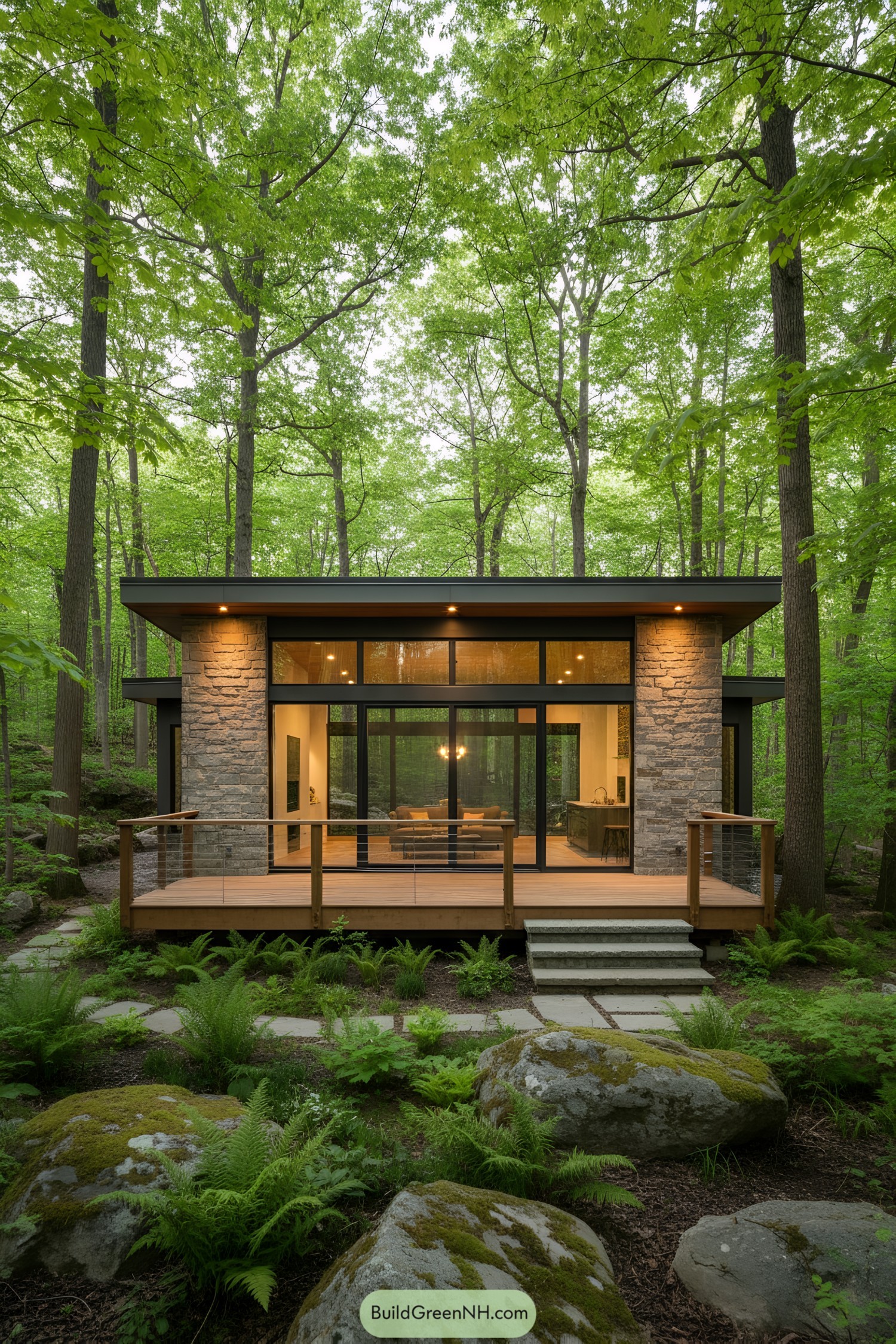 Small stone and glass cabin surrounded by lush greenery