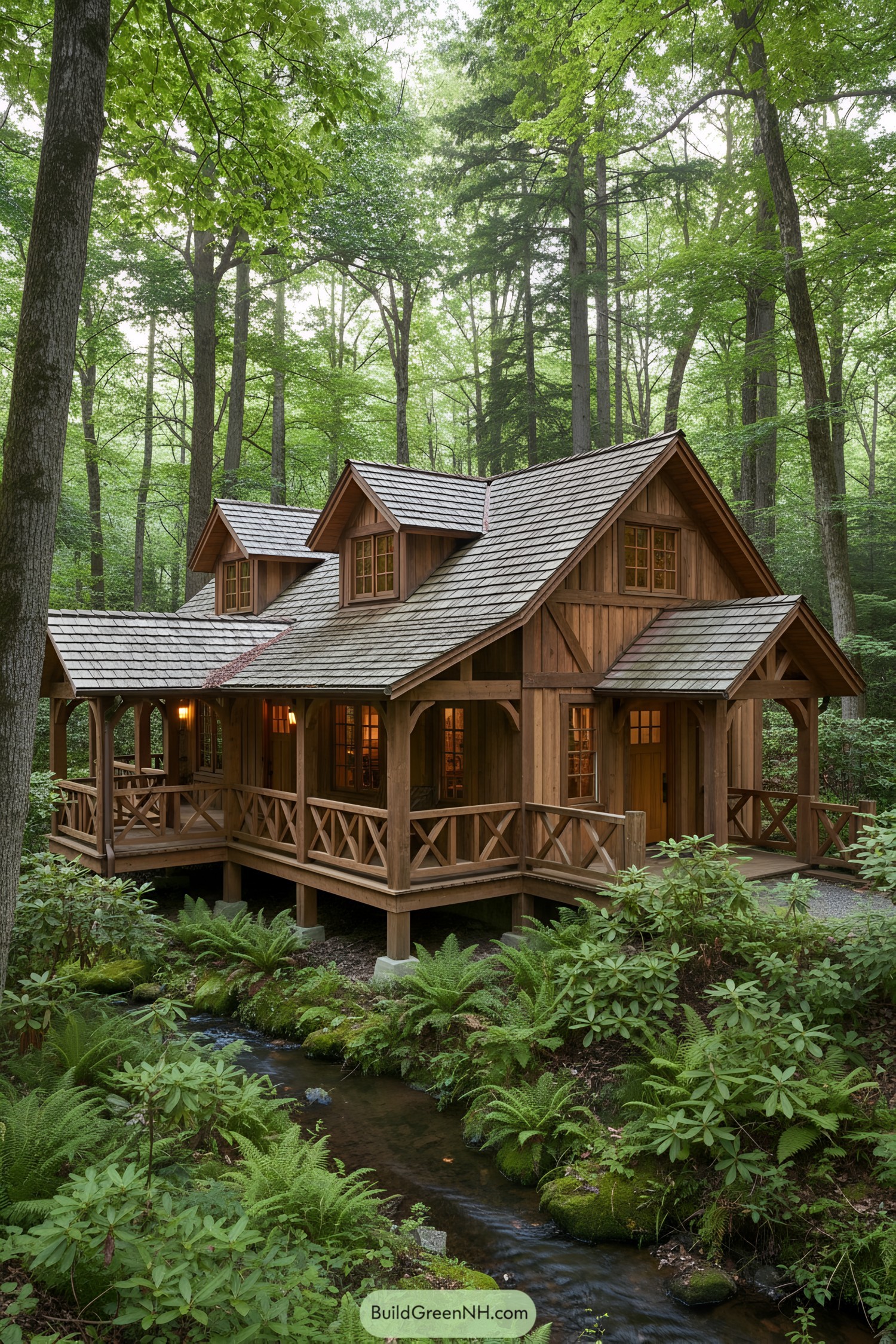 Cozy wooden cottage surrounded by lush forest