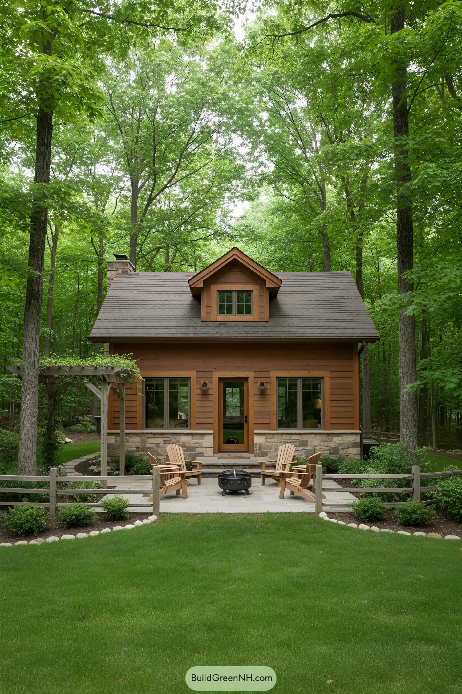 Cozy wooden cottage surrounded by lush trees