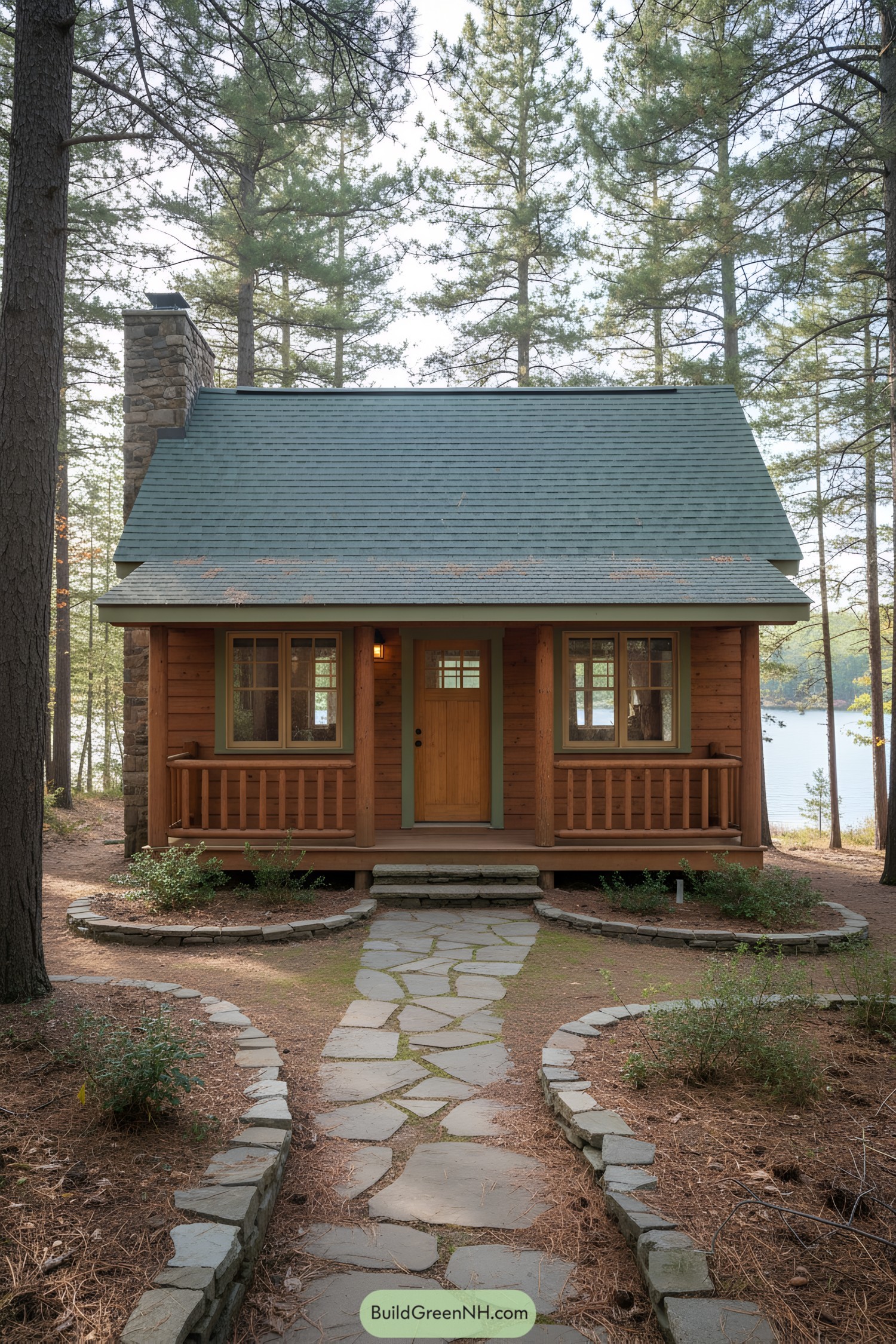 Wooden cottage nestled among pine trees