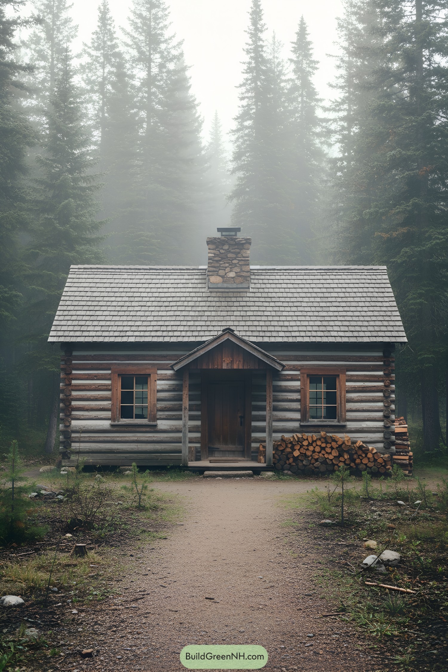 Cozy log cabin surrounded by misty trees