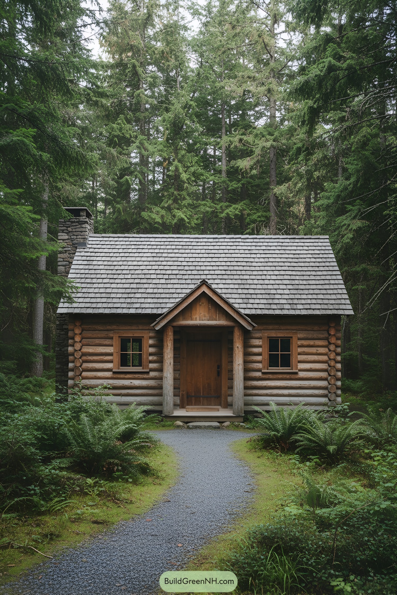 Quaint log cabin surrounded by tall trees and ferns