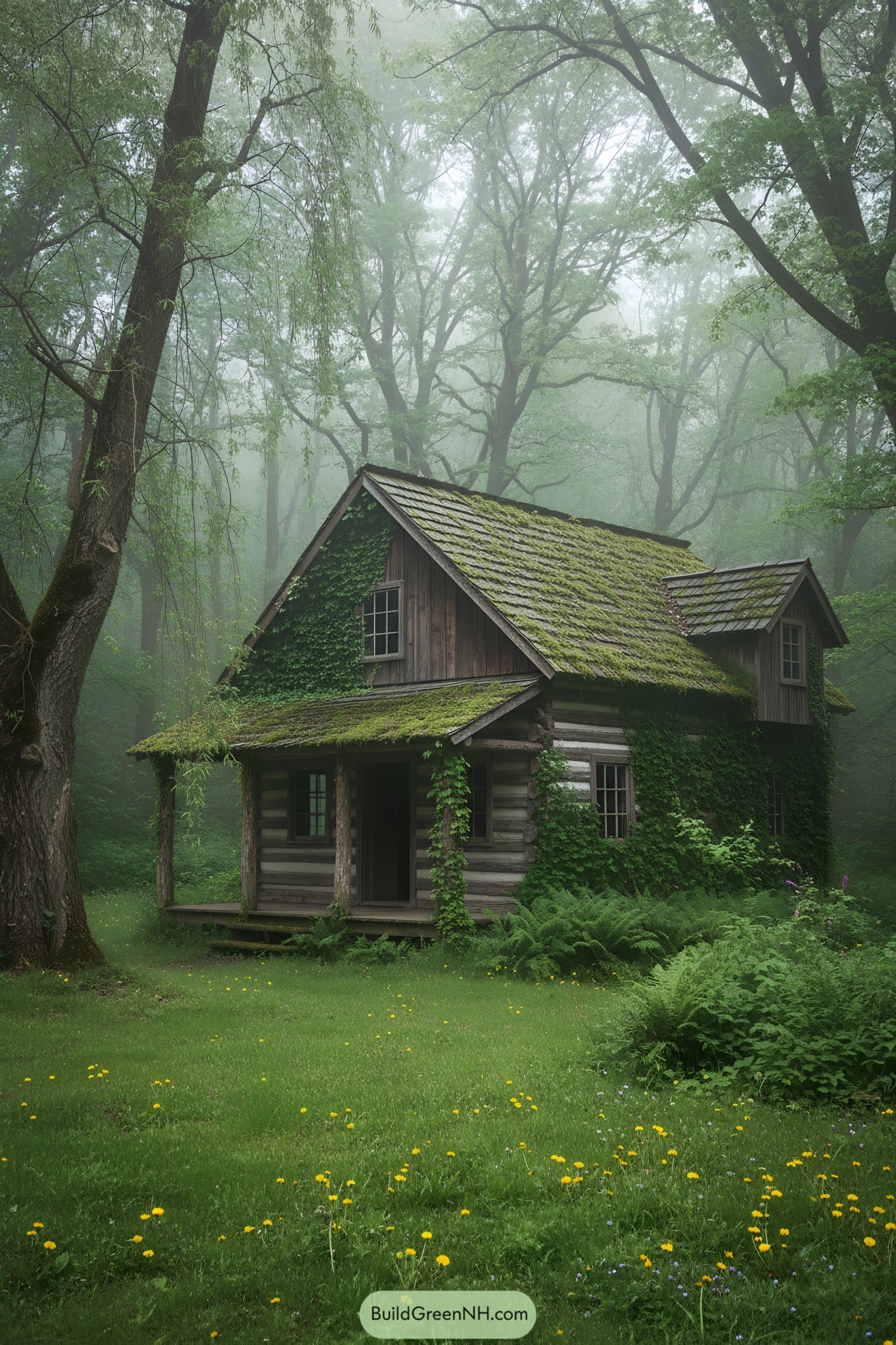 Cozy log cabin with ivy in a misty forest