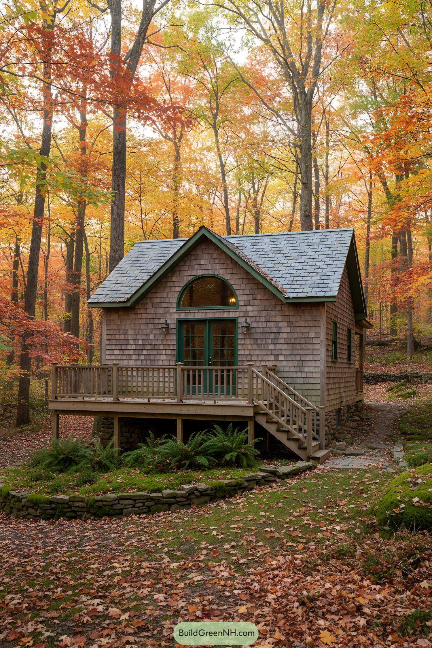 Small cottage surrounded by colorful autumn trees