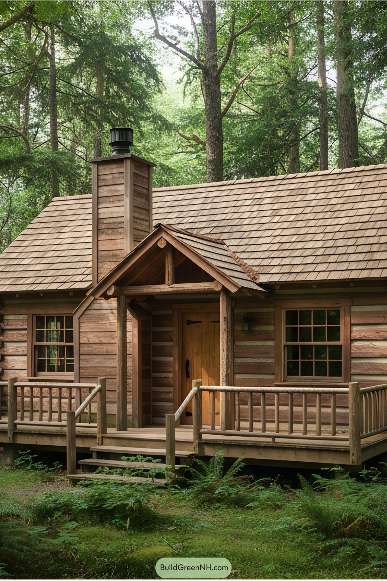 Wooden cabin with a chimney surrounded by lush green forest