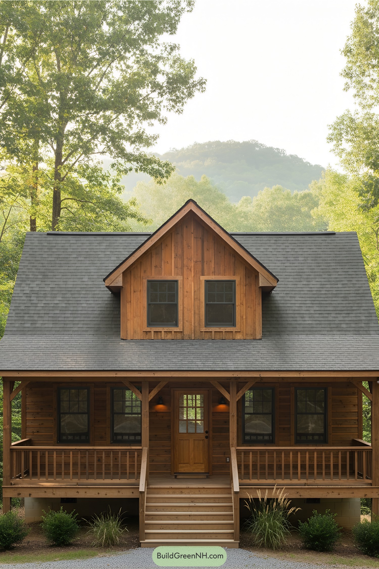 Cozy wooden cabin nestled amongst lush trees