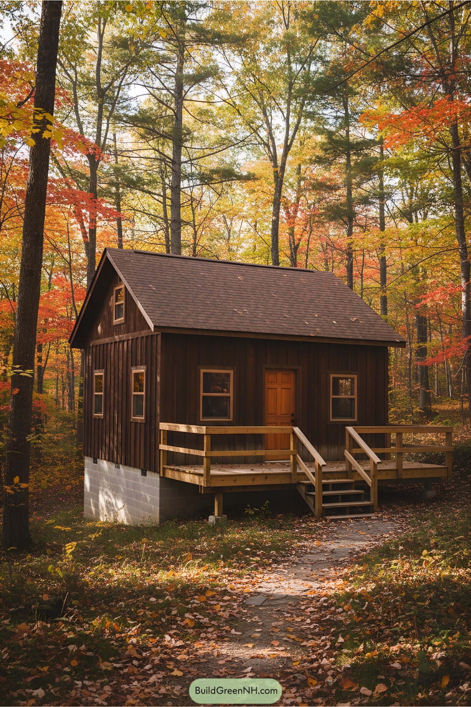 Rustic cabin tucked in a vibrant autumn forest
