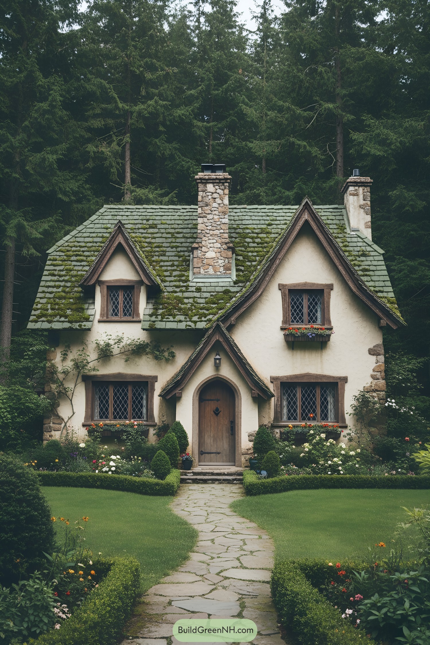 Charming cottage with a stone path and lush garden