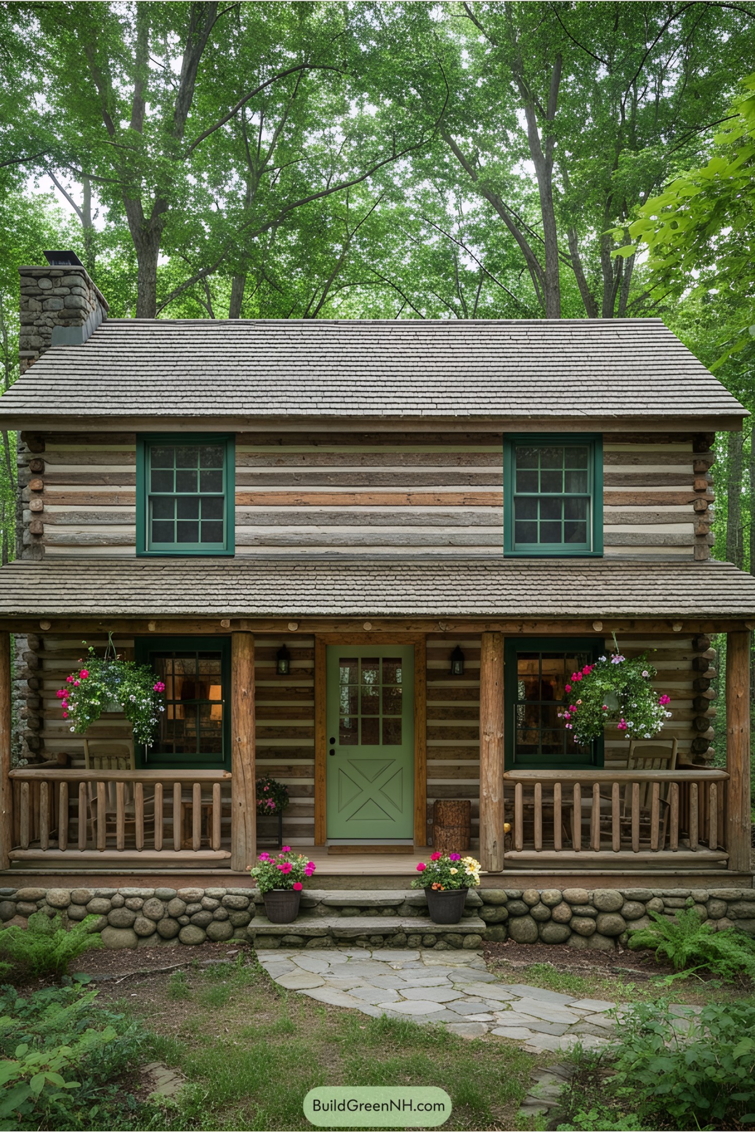 Log cabin with a welcoming front porch surrounded by greenery