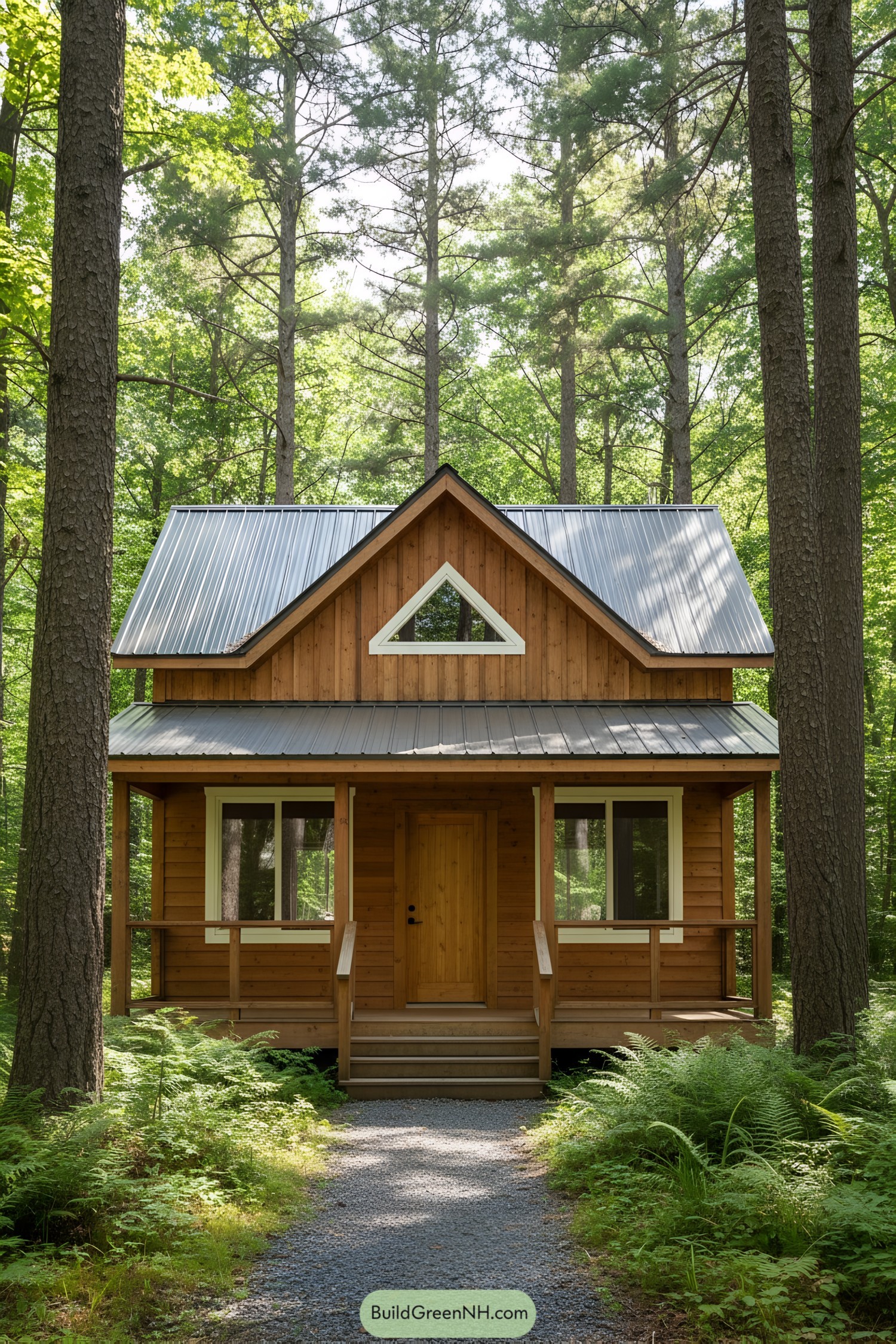 Cozy wooden cottage nestled among tall trees