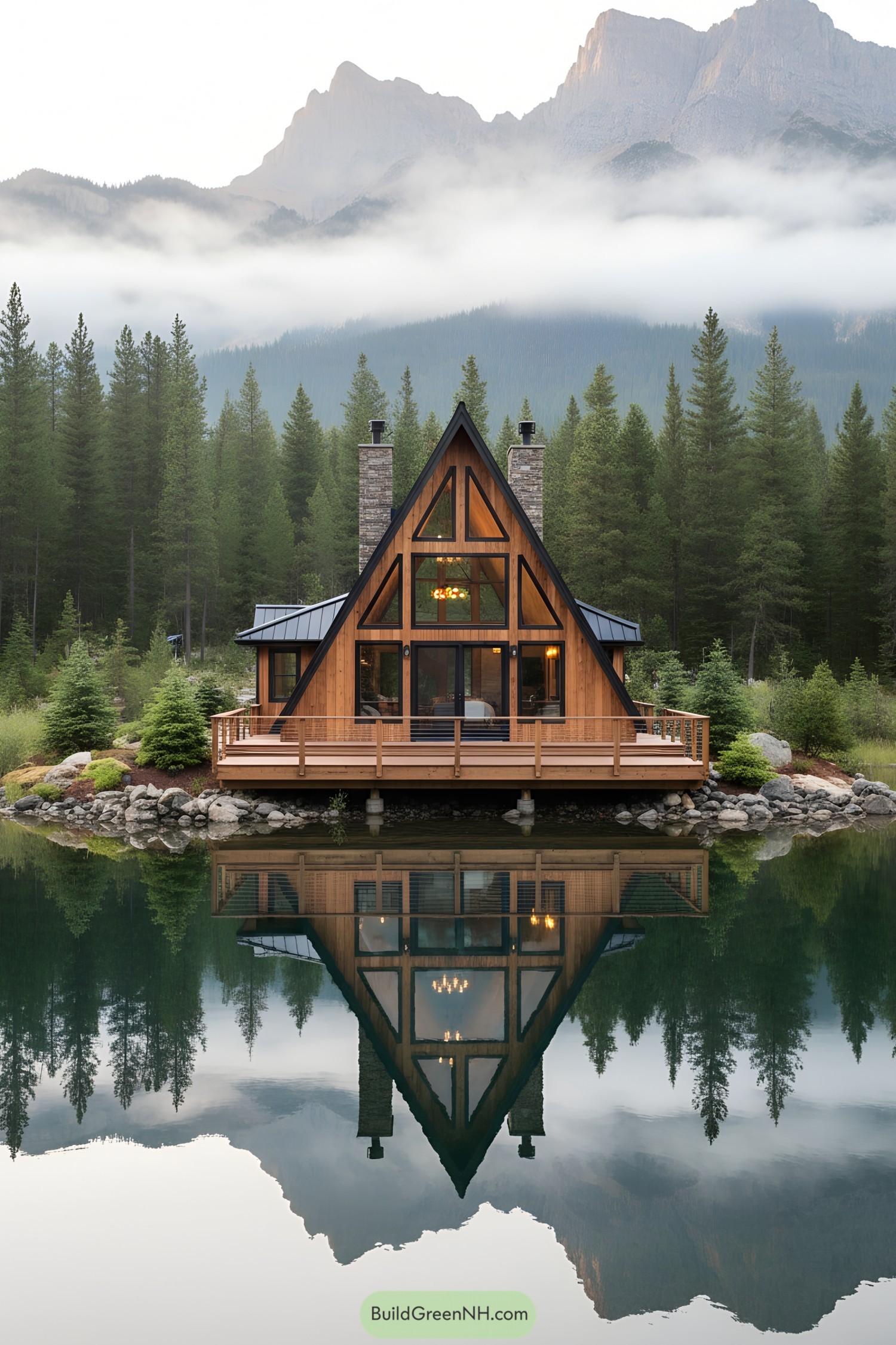 A-frame cabin with large windows reflecting in a lake