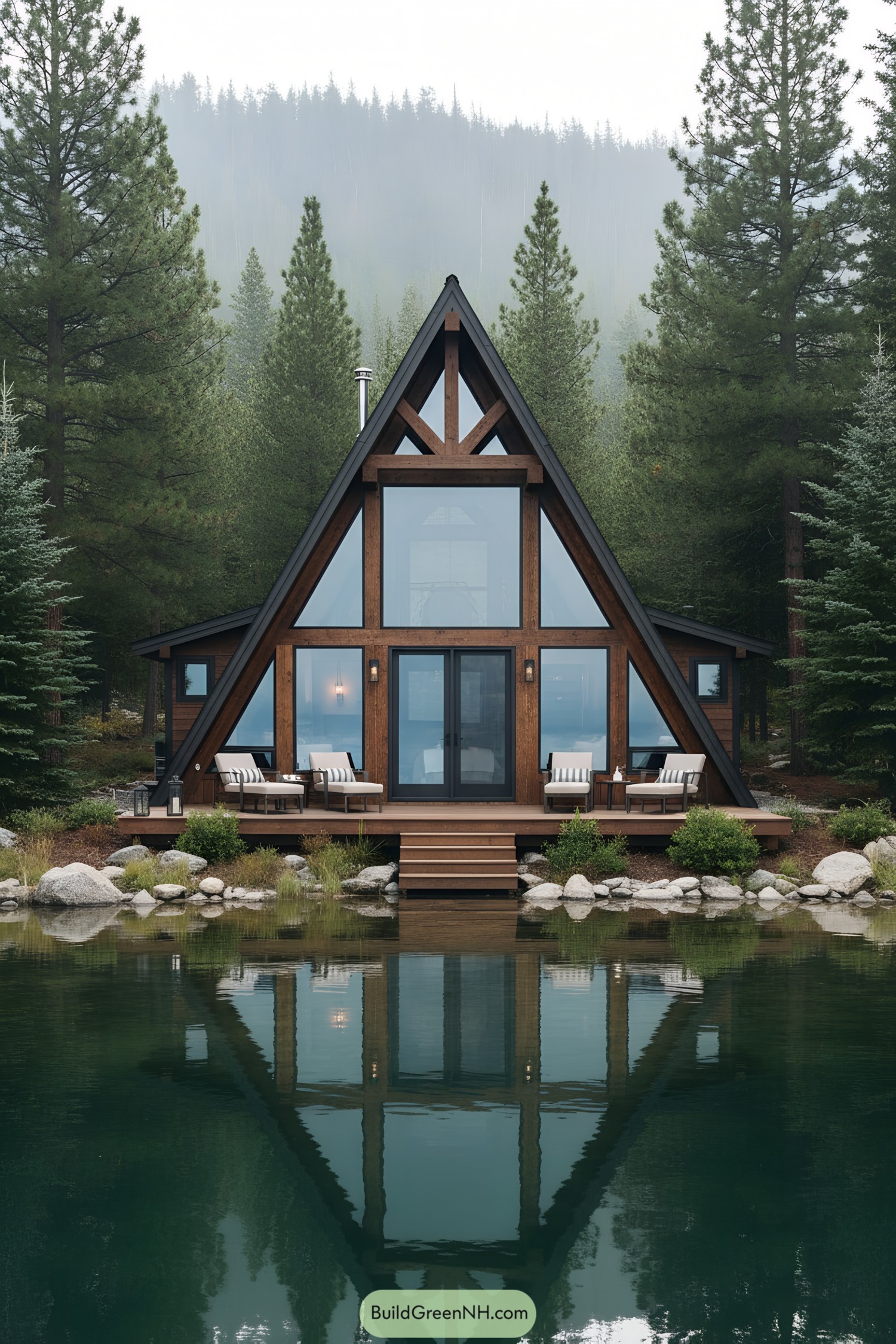 A-Frame cabin overlooking a calm lake