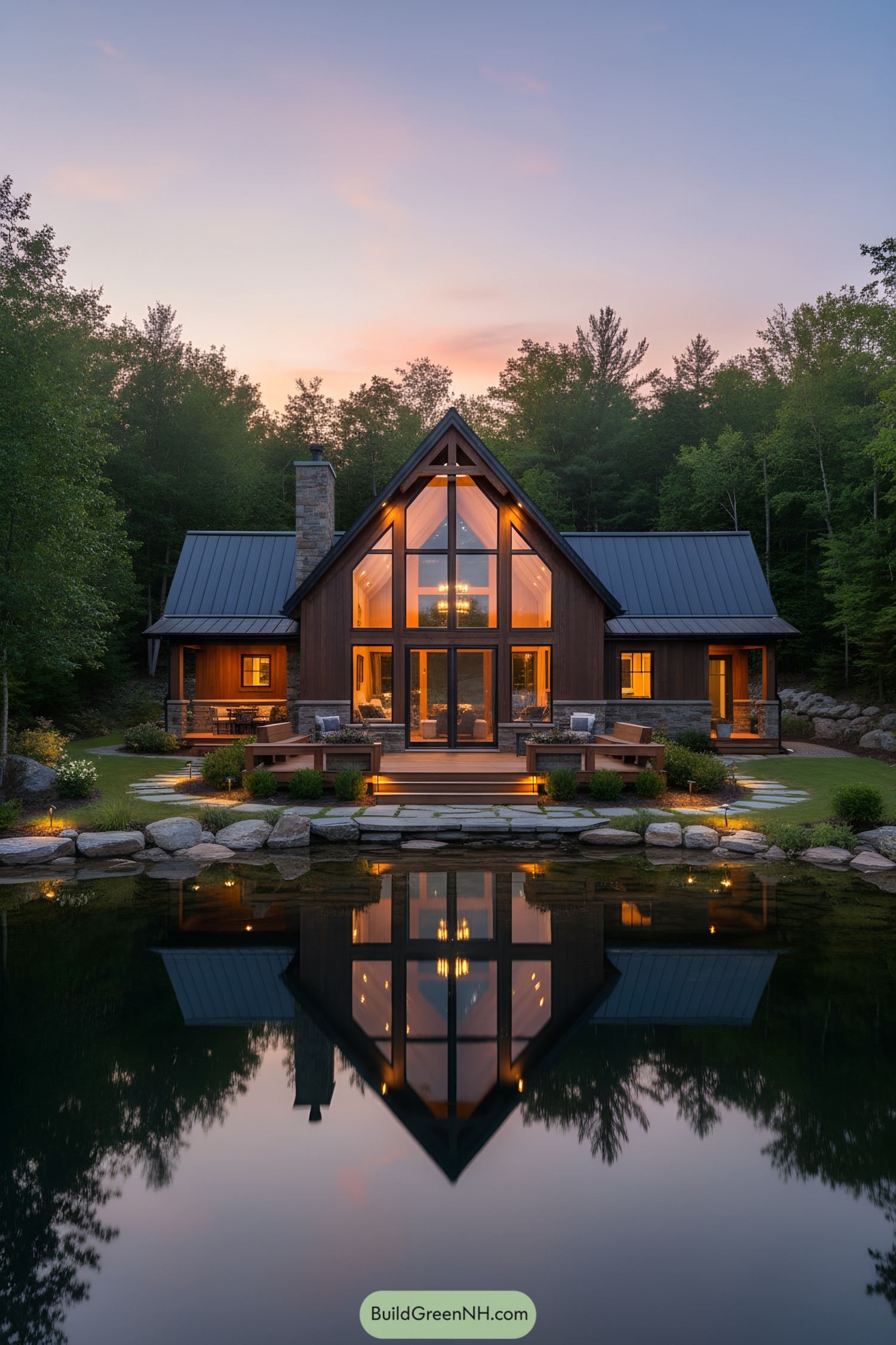 A-frame cottage reflected in lake at sunset