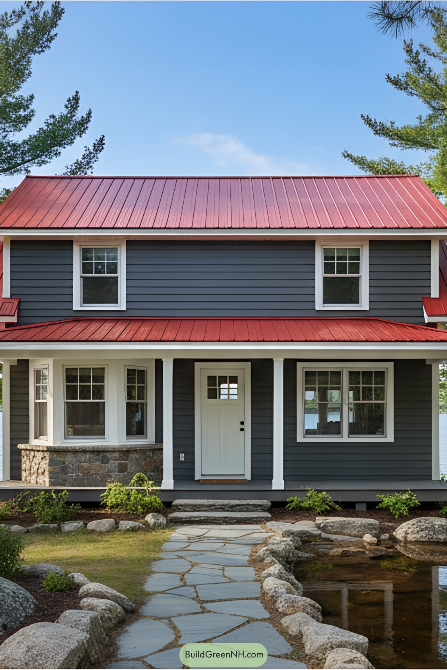 Charming two-story cabin with a striking red roof and inviting stone path