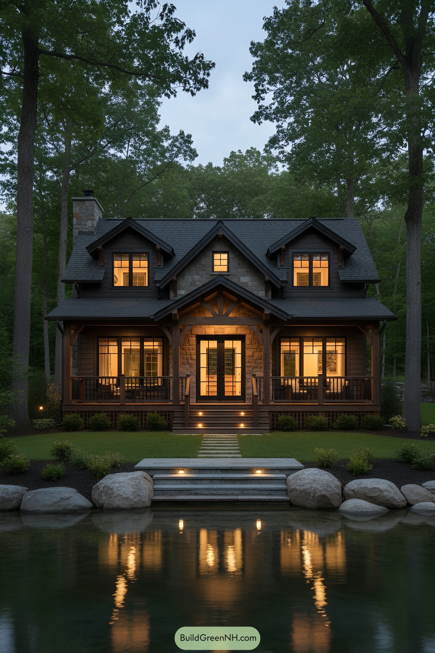 Charming cabin with illuminated windows near a serene lake