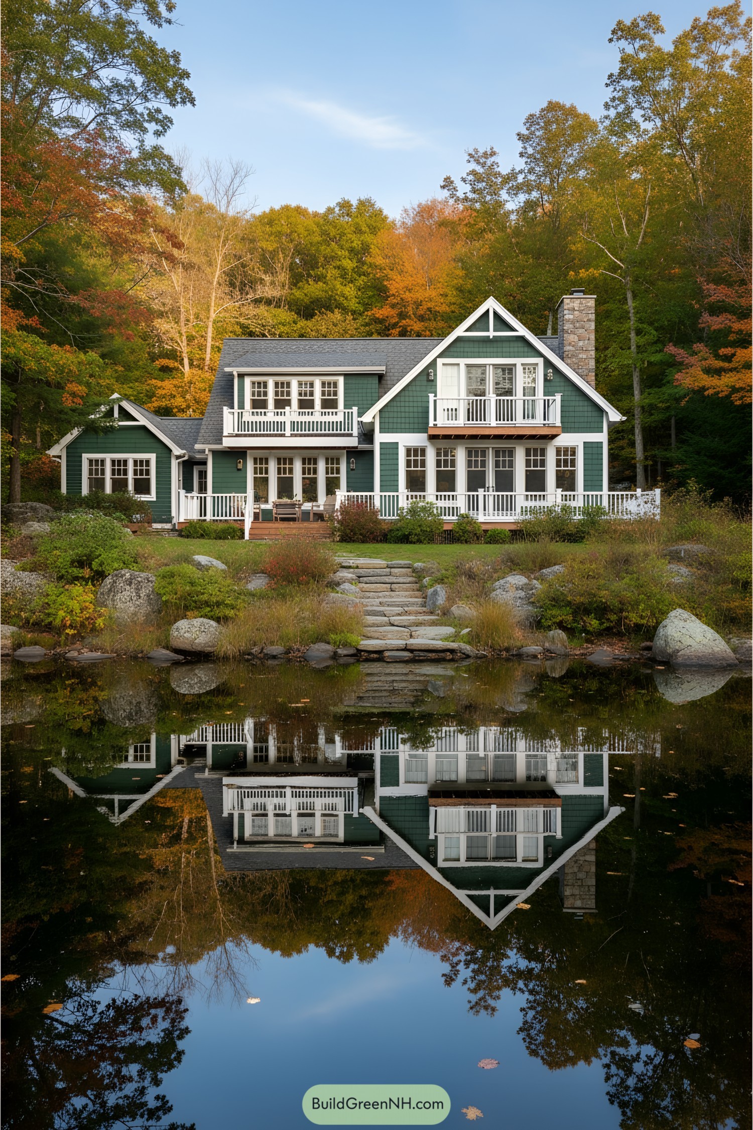 Green cottage reflecting on the lake surrounded by autumn trees