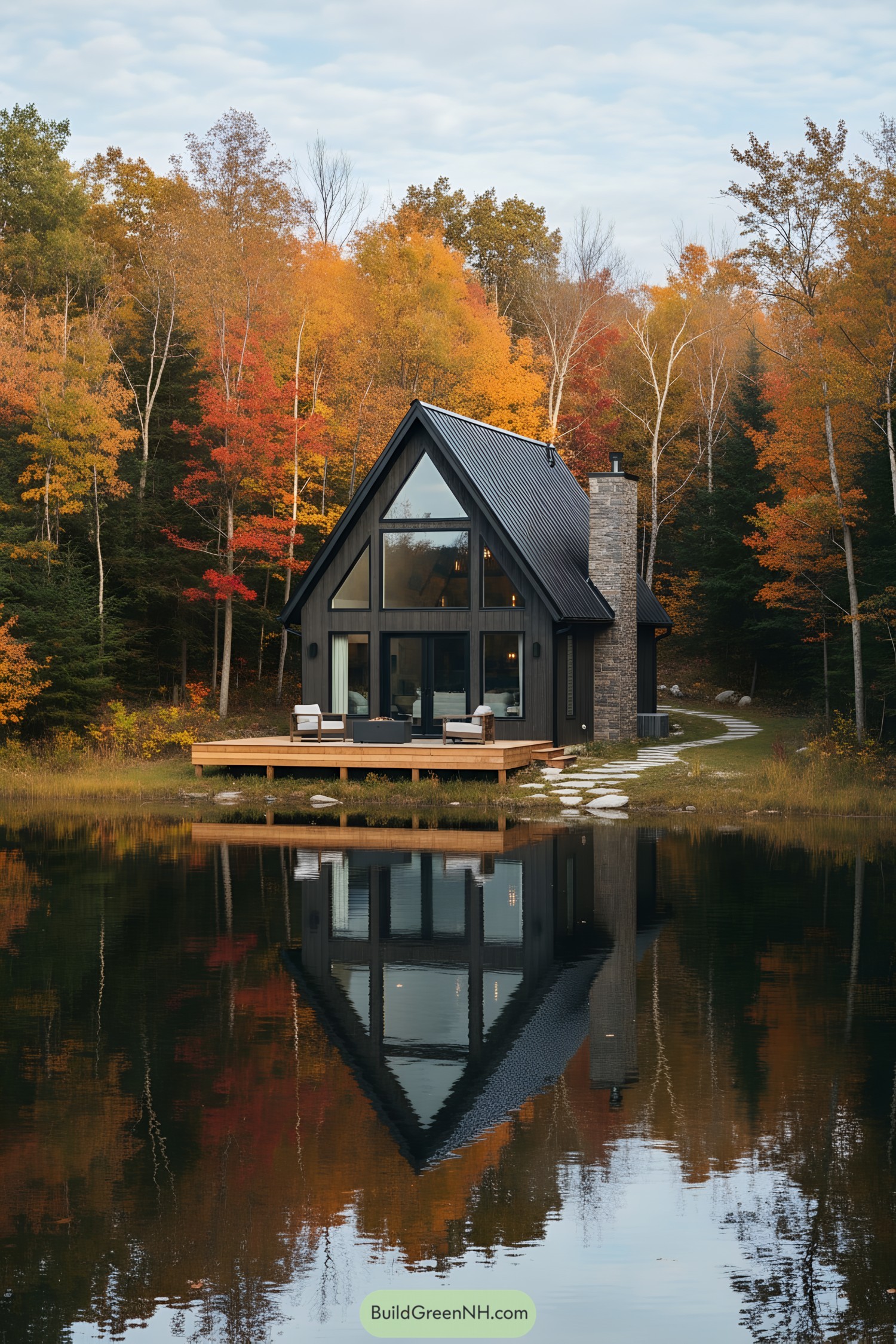 A-frame cabin by a lake surrounded by fall foliage