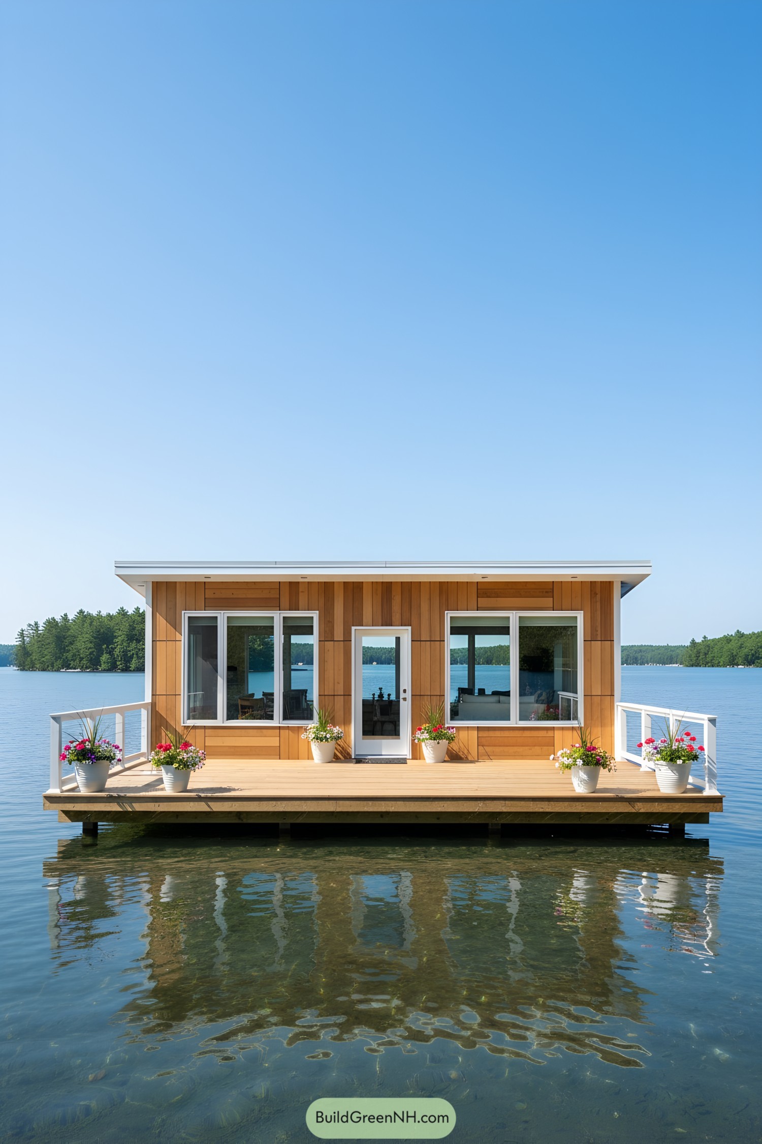 Wooden cottage on a lake with a wraparound deck and flower pots