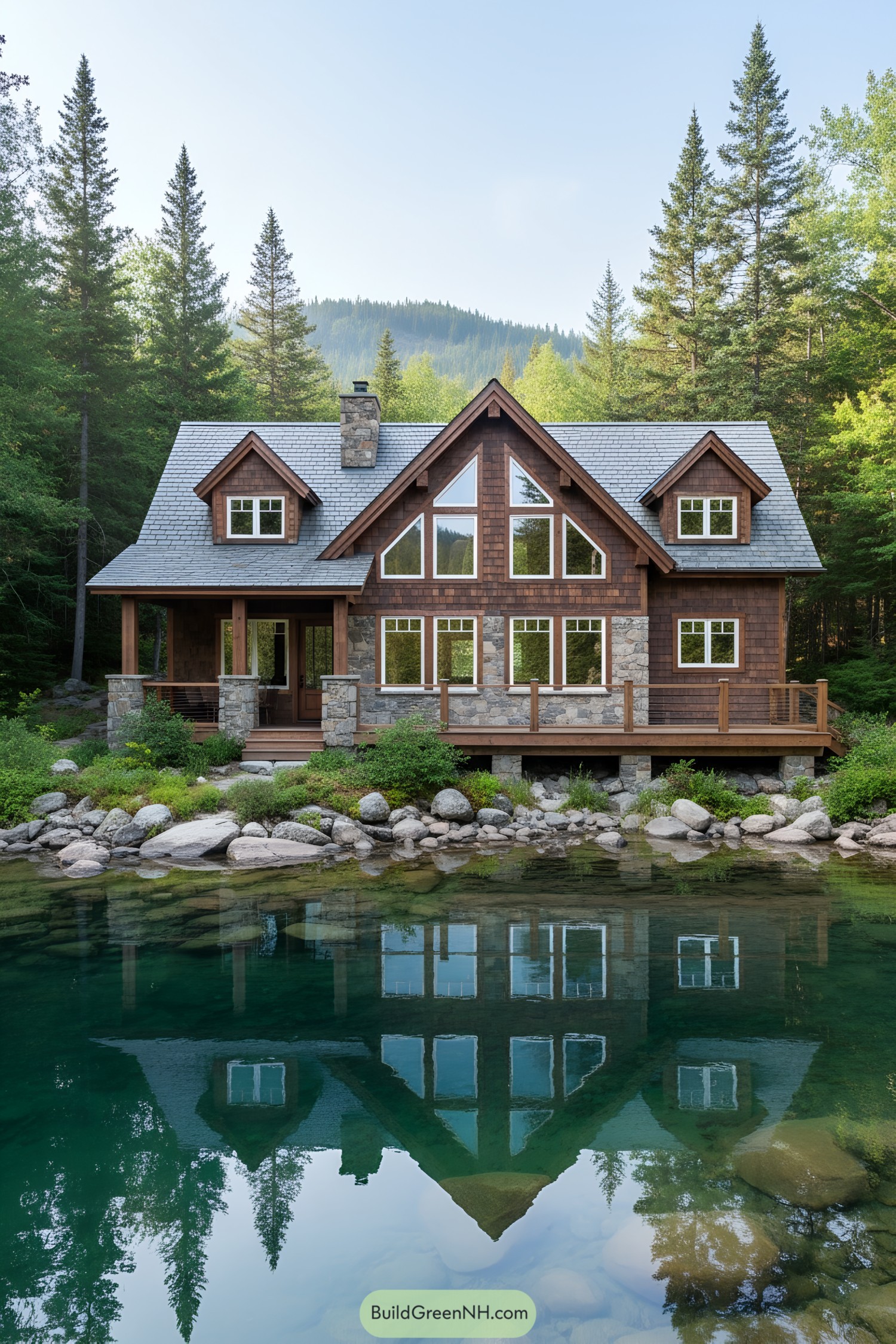 A cozy cabin nestled by a still lake