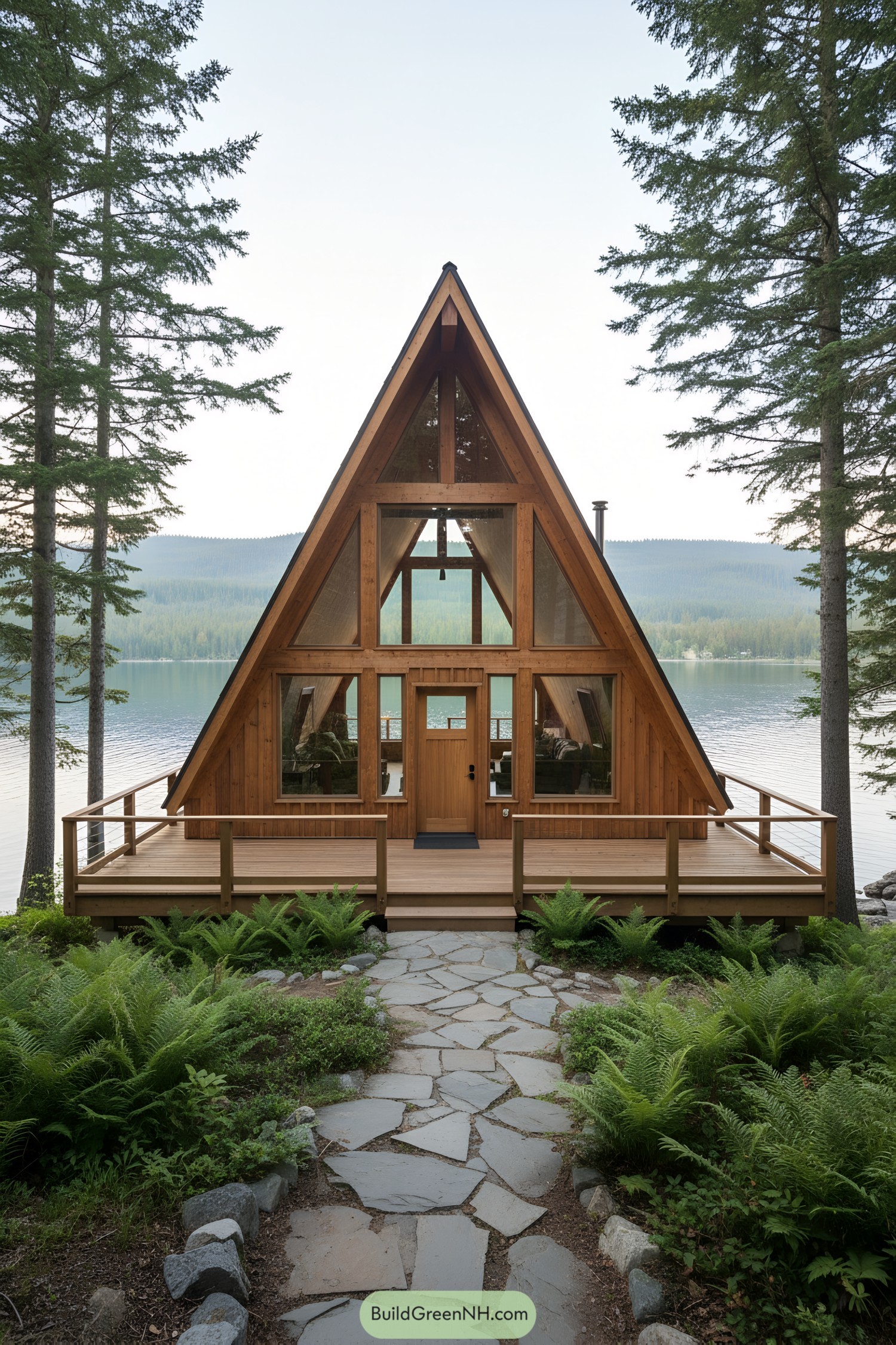 A-frame cabin surrounded by trees beside a calm lake