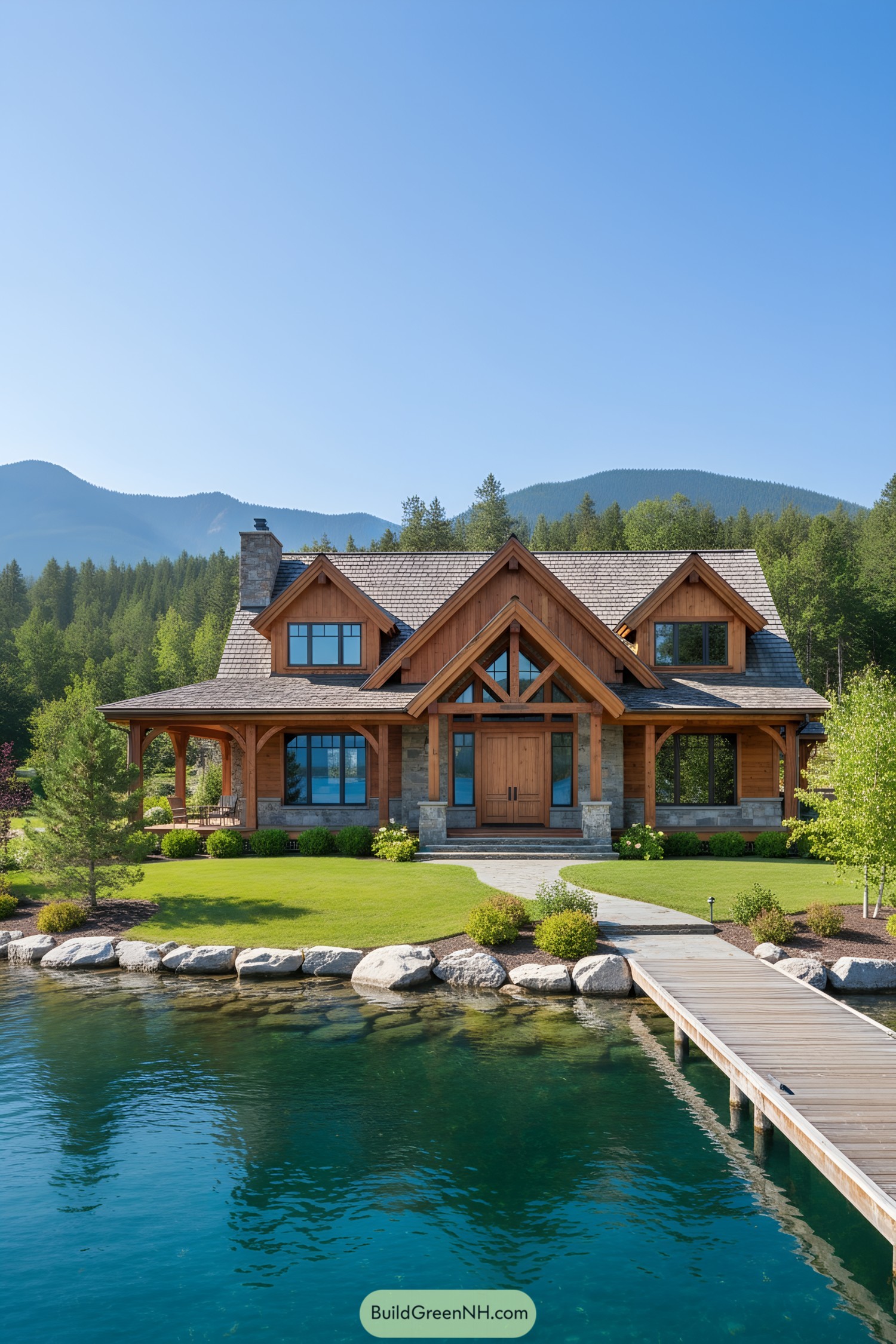 Lodge by a tranquil lake with mountain backdrop