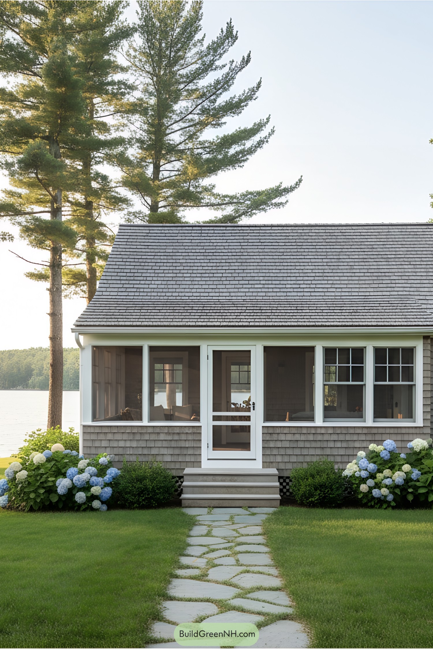 Charming lakeside cottage with hydrangeas