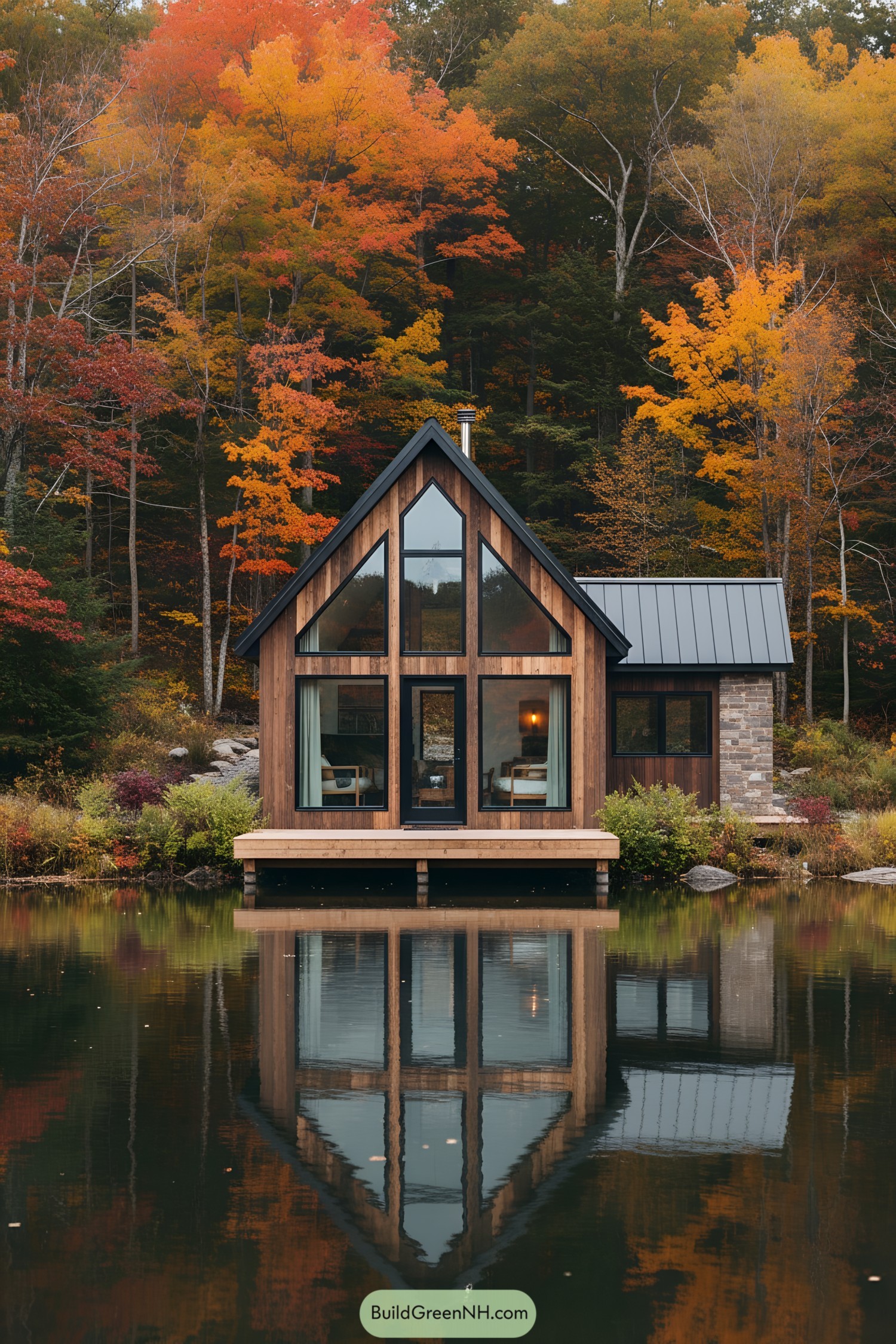 A-frame cabin reflecting on a still lake