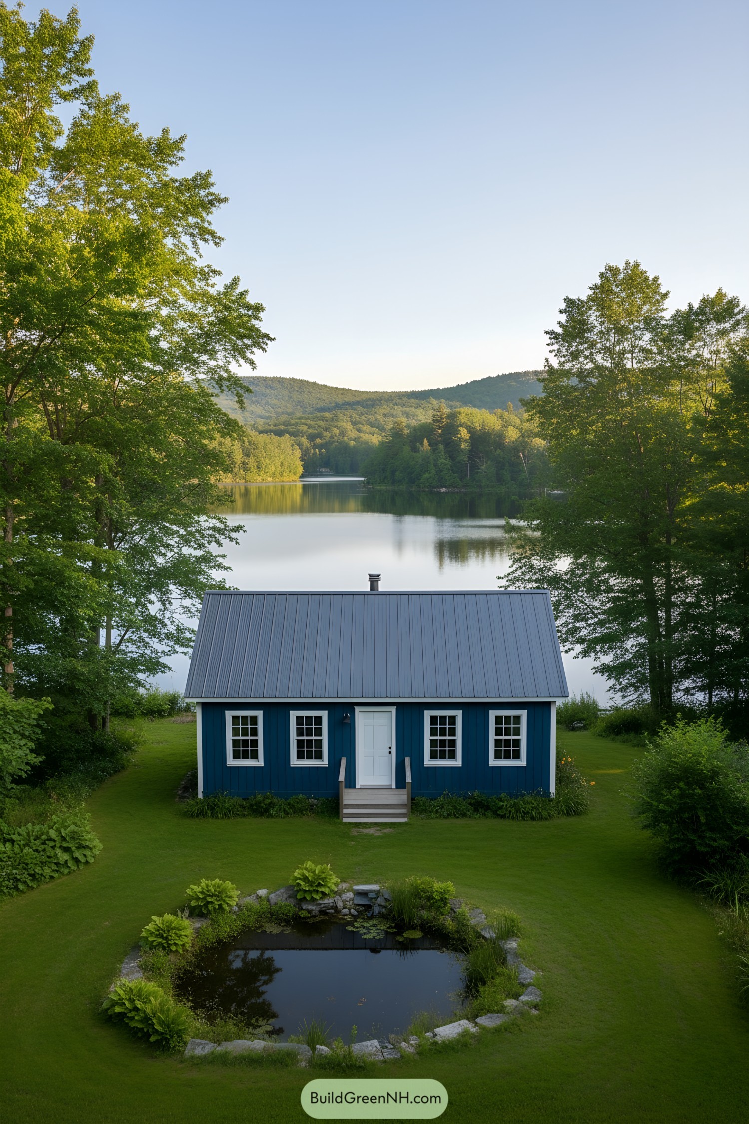 Quaint blue cottage overlooking a serene lakeside, surrounded by lush greenery