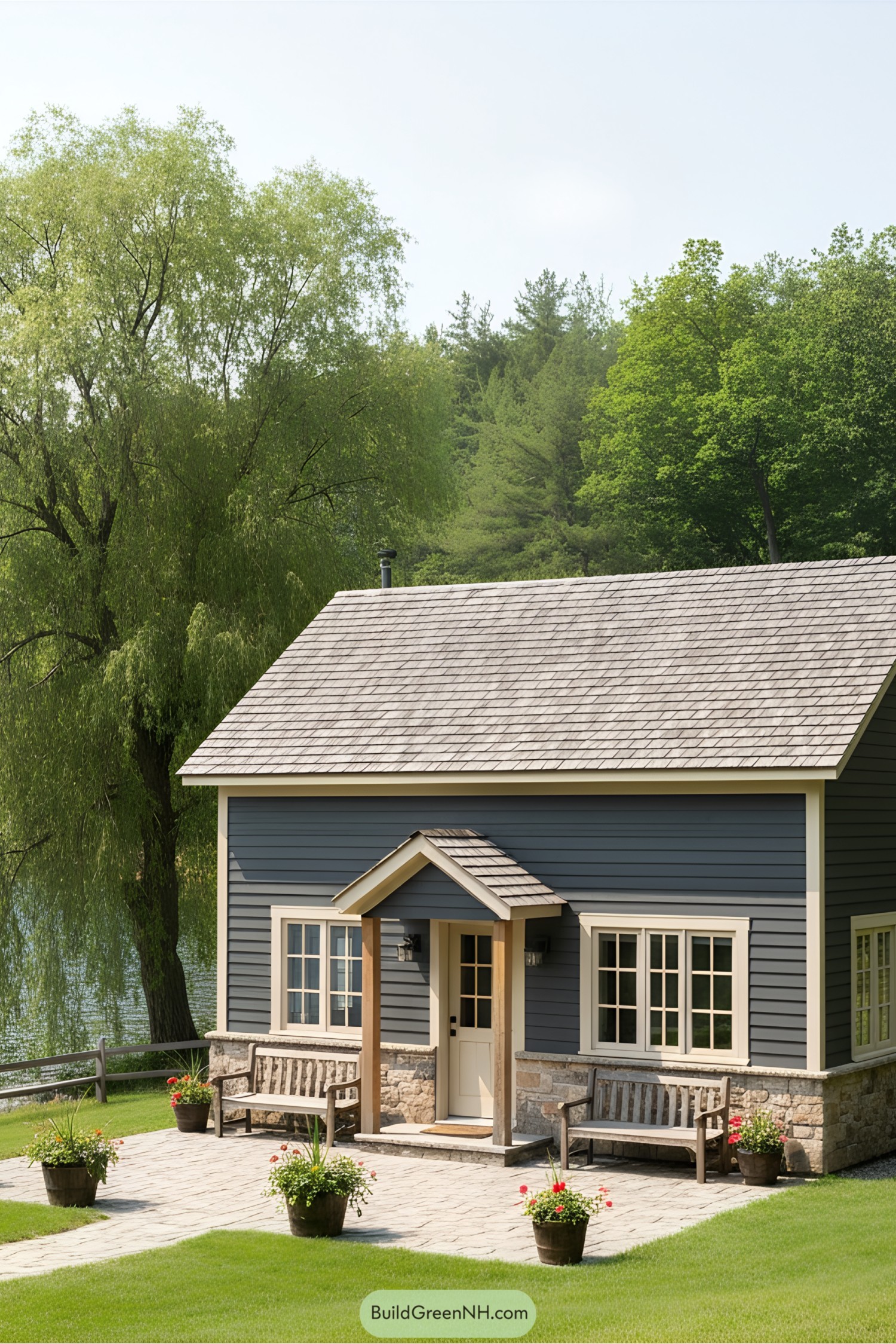Cozy blue cottage with stone accents nestled by trees
