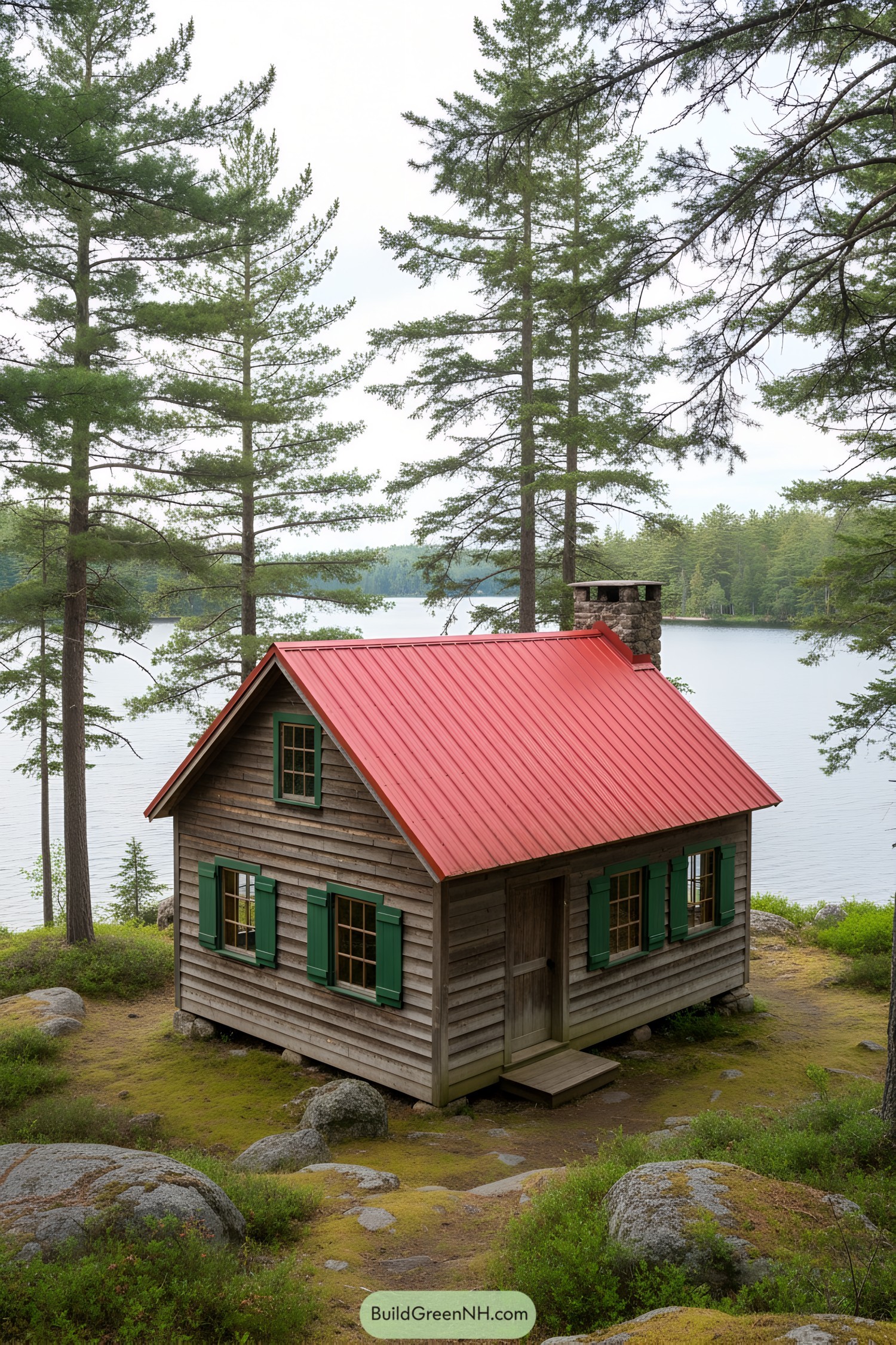 Quaint cottage with red roof by a lakeside