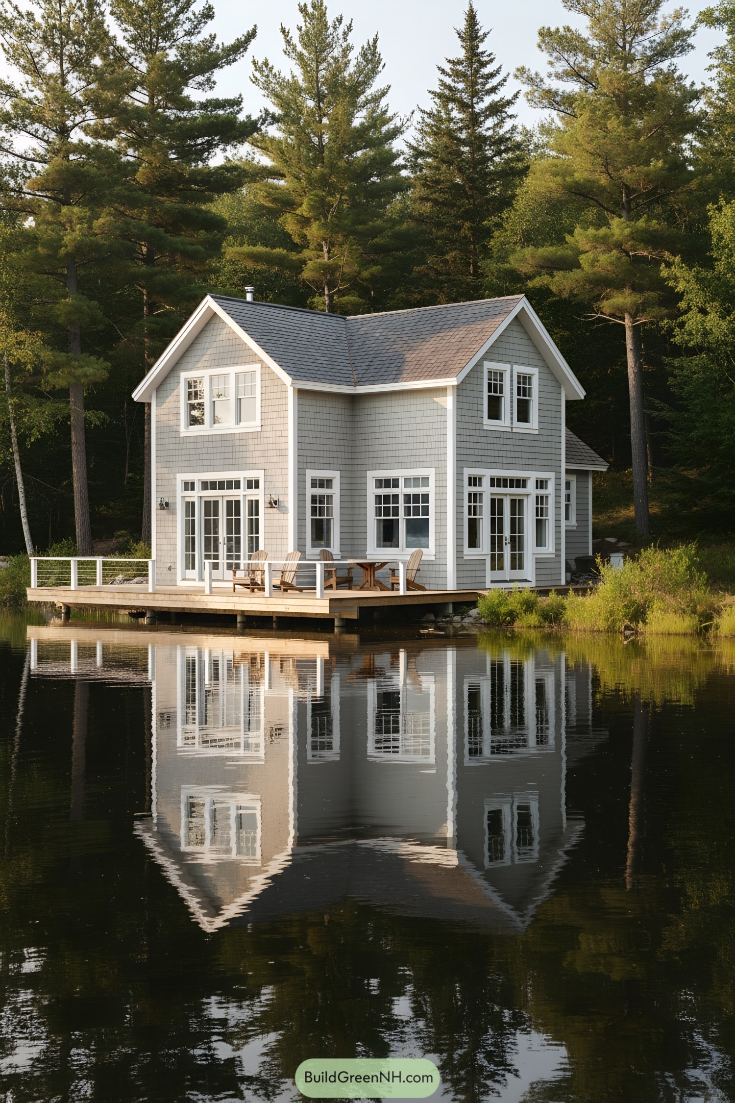 Minimalist gray cottage reflected in calm lake surrounded by tall trees