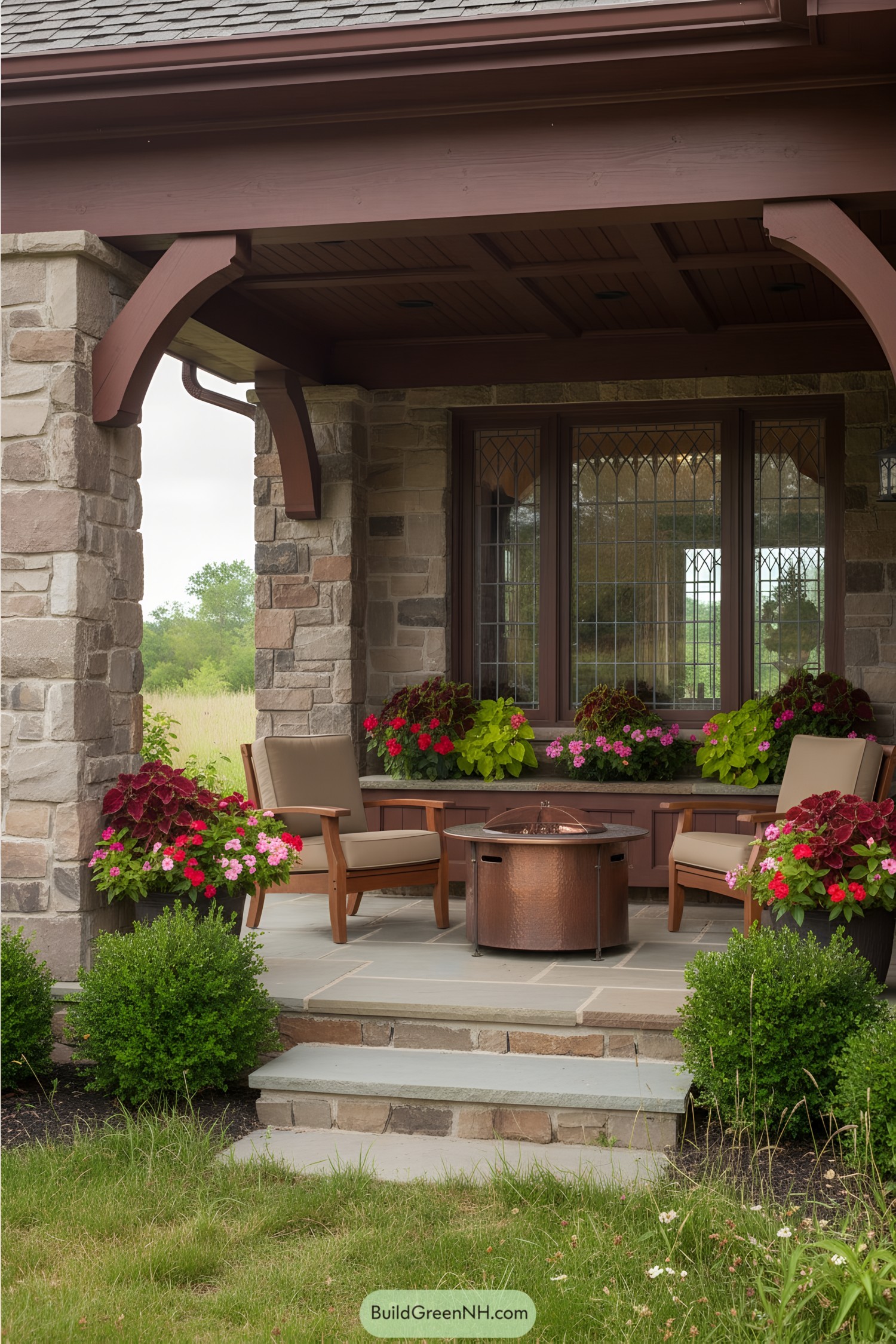 Cozy porch with stone walls and potted flowers