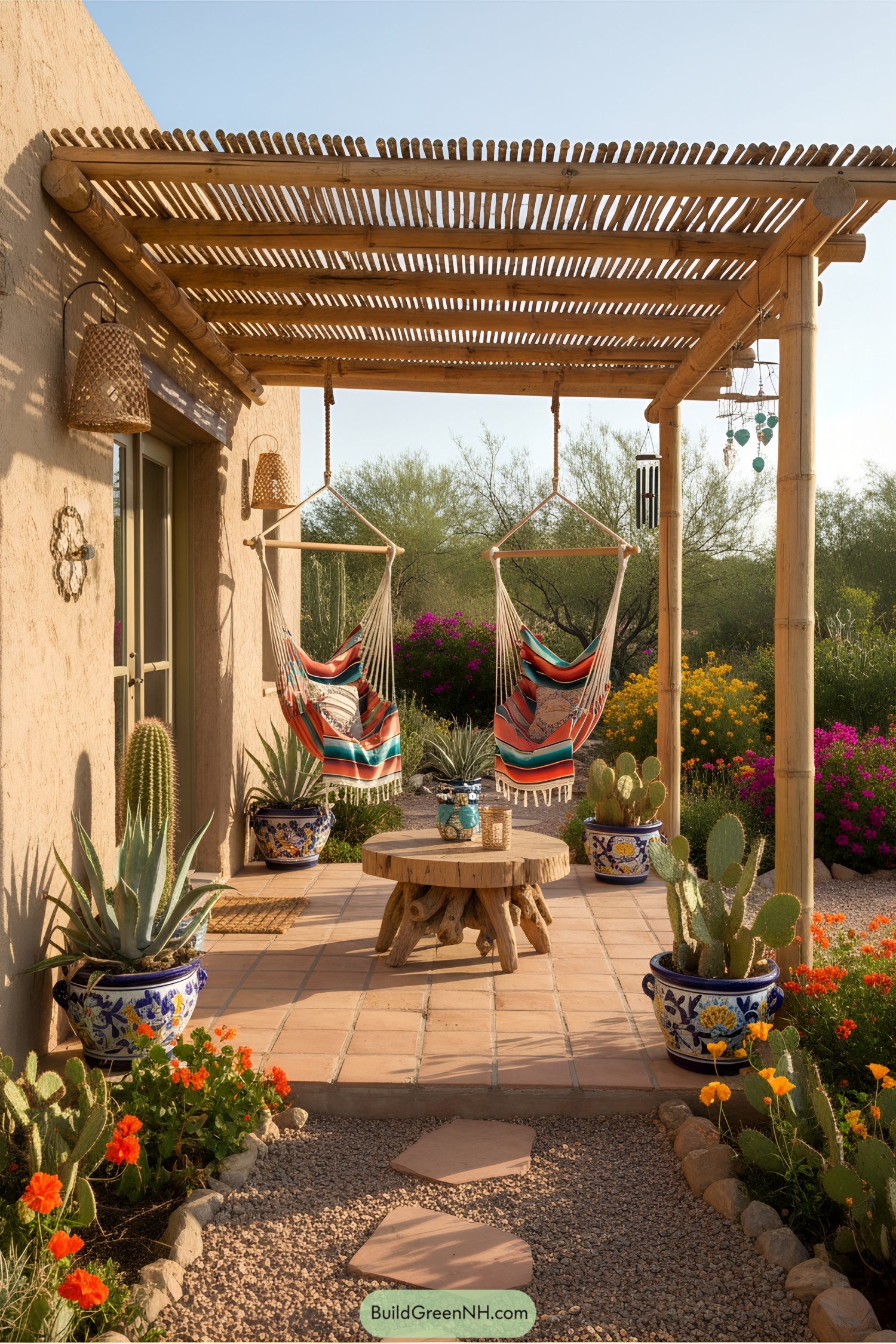 Terracotta-tiled porch with bamboo pergola and colorful seating