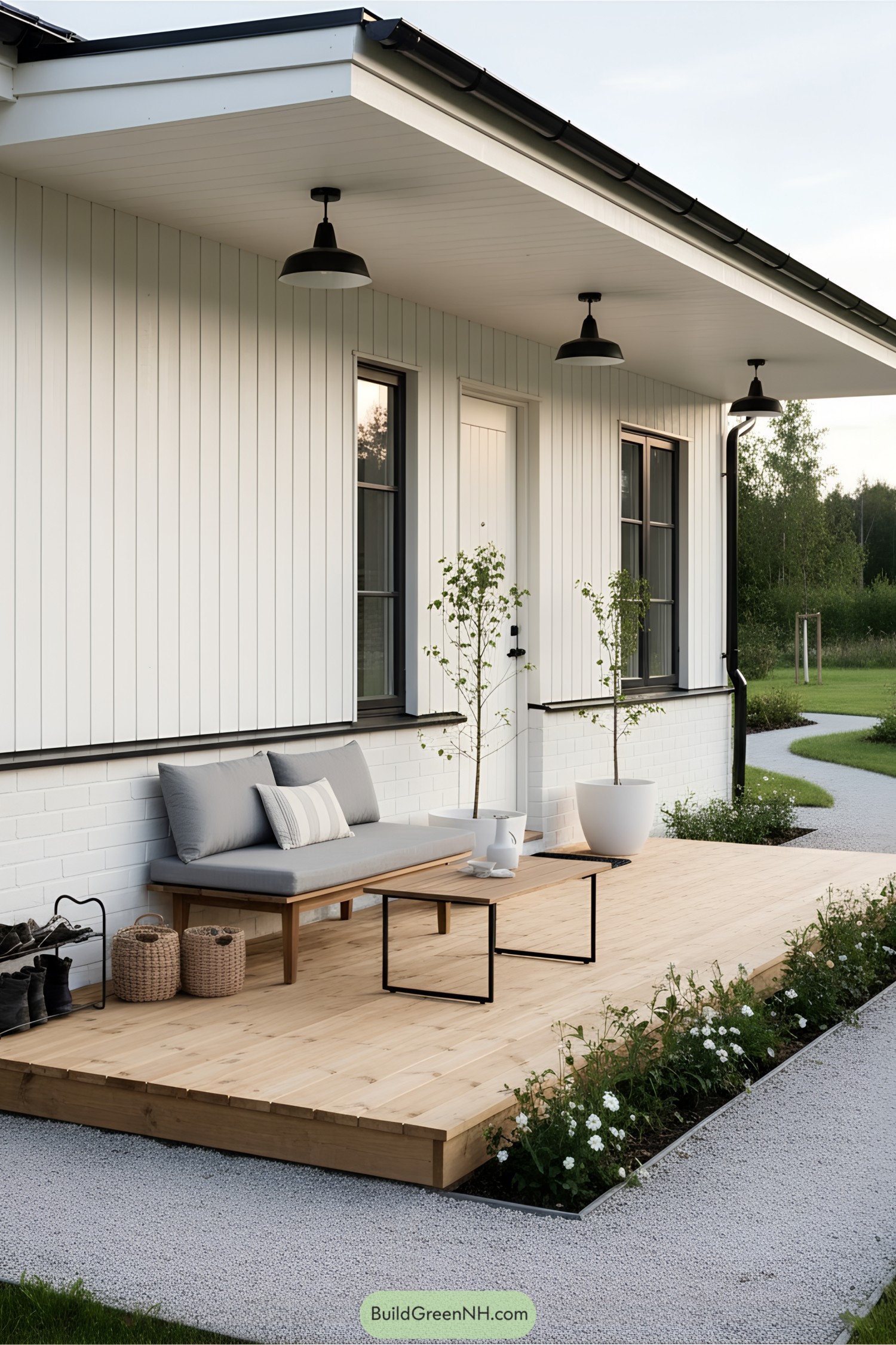 Cozy couch and potted plants on a sunny porch