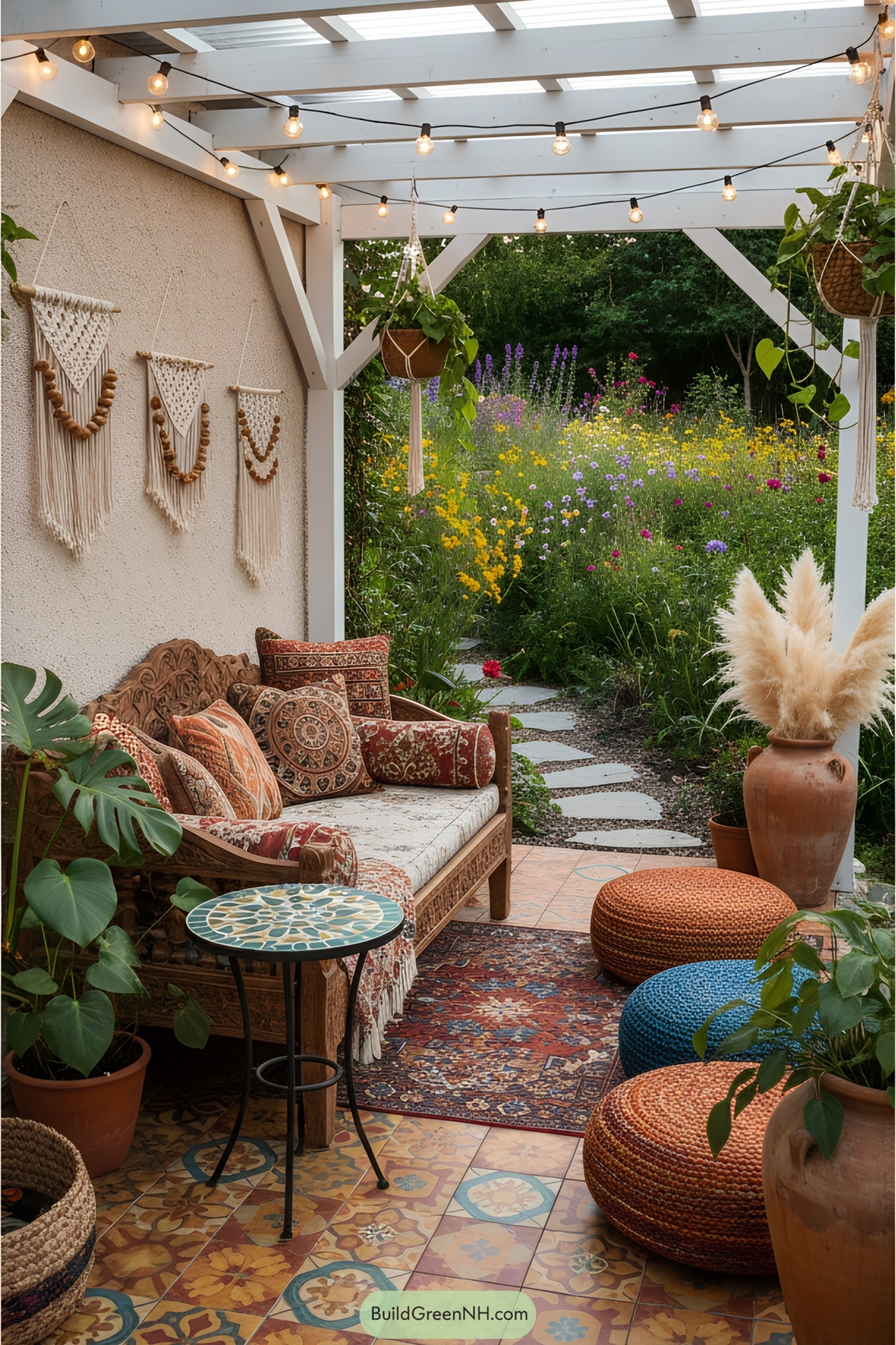 Cozy porch with vibrant decor and garden view