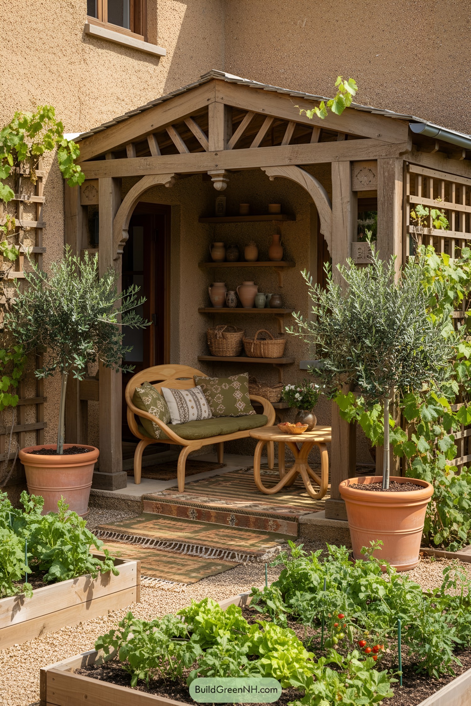 Cozy wooden porch with plants and pottery