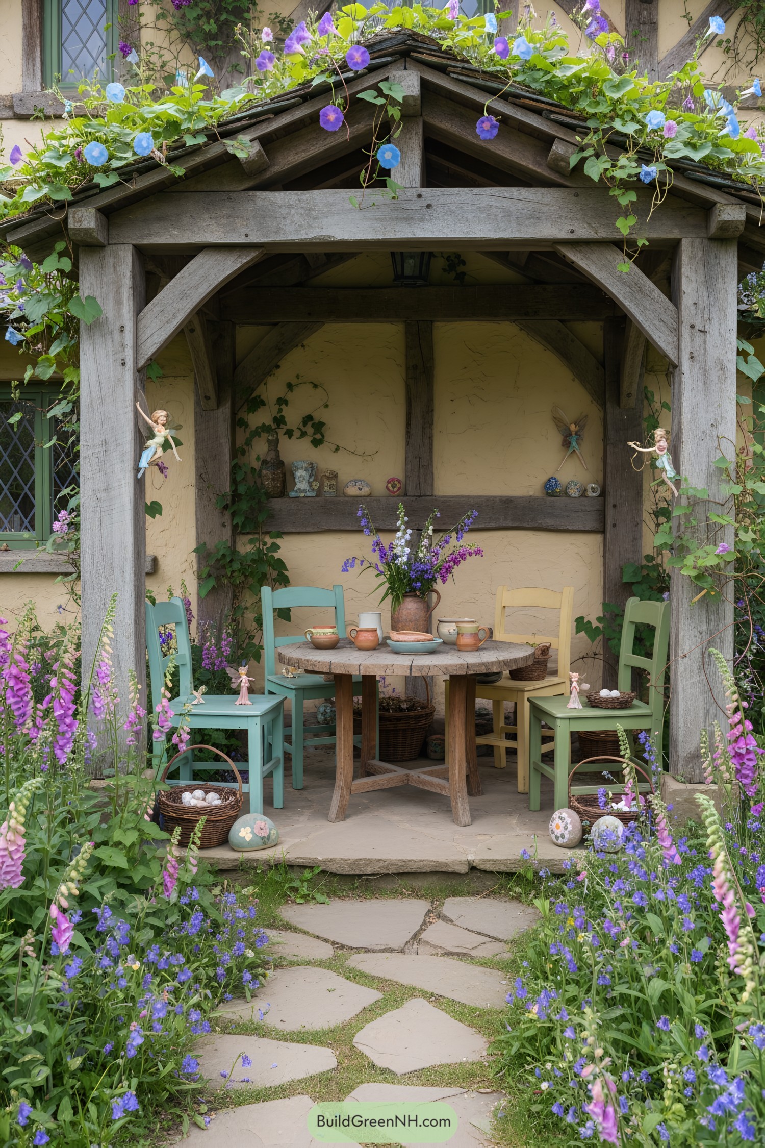 Charming cottage porch with colorful flowers and rustic furniture