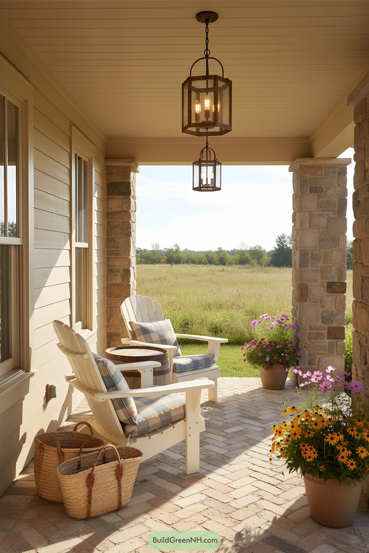Charming porch with cozy chairs and flower pots