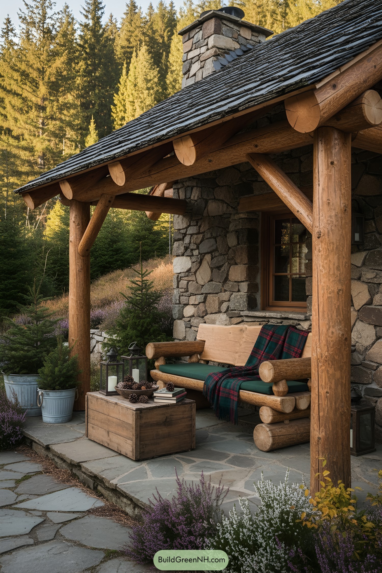 Charming stone porch with wooden accents and cozy seating