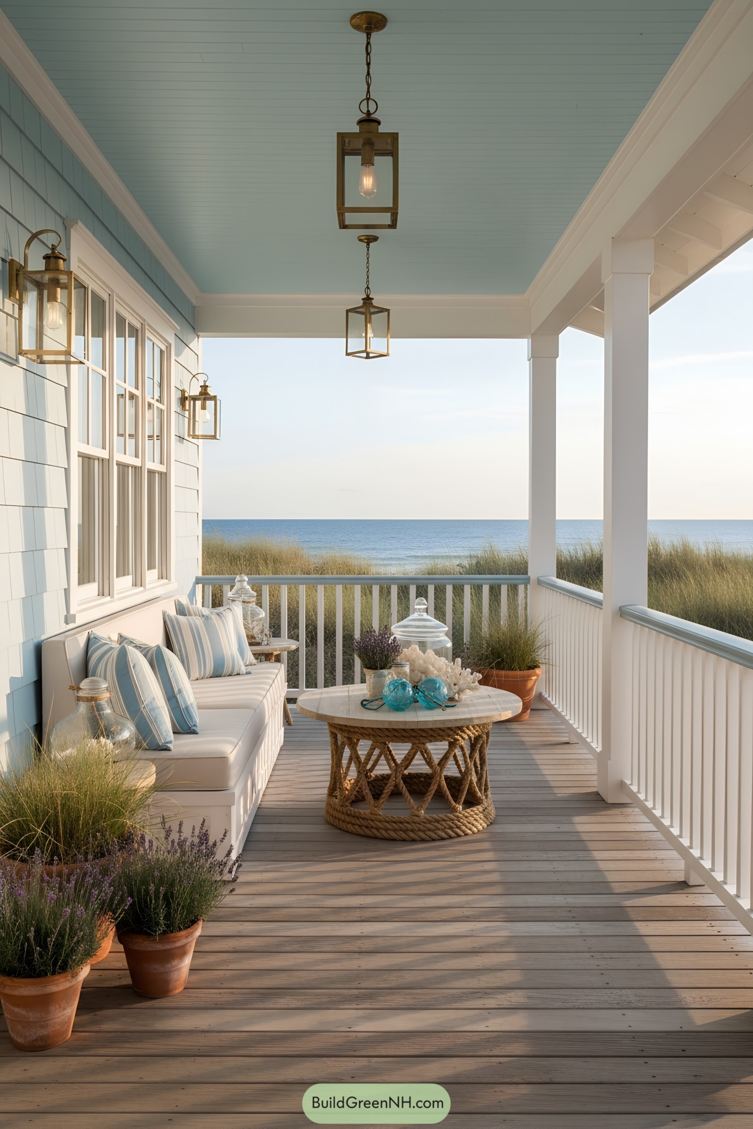 Coastal porch with ocean view and comfy seating